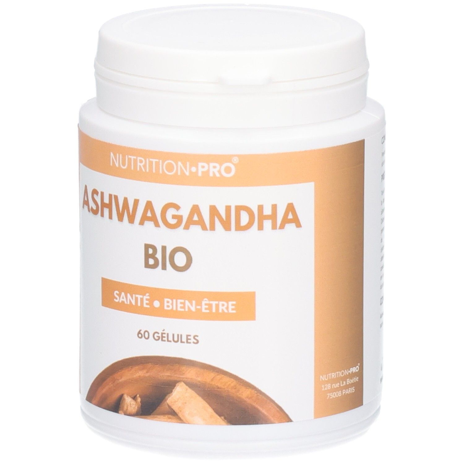 Boîte de 60 gélules Nutrition Pro Ashwagandha Bio. Sceau bio et drapeau français visibles.