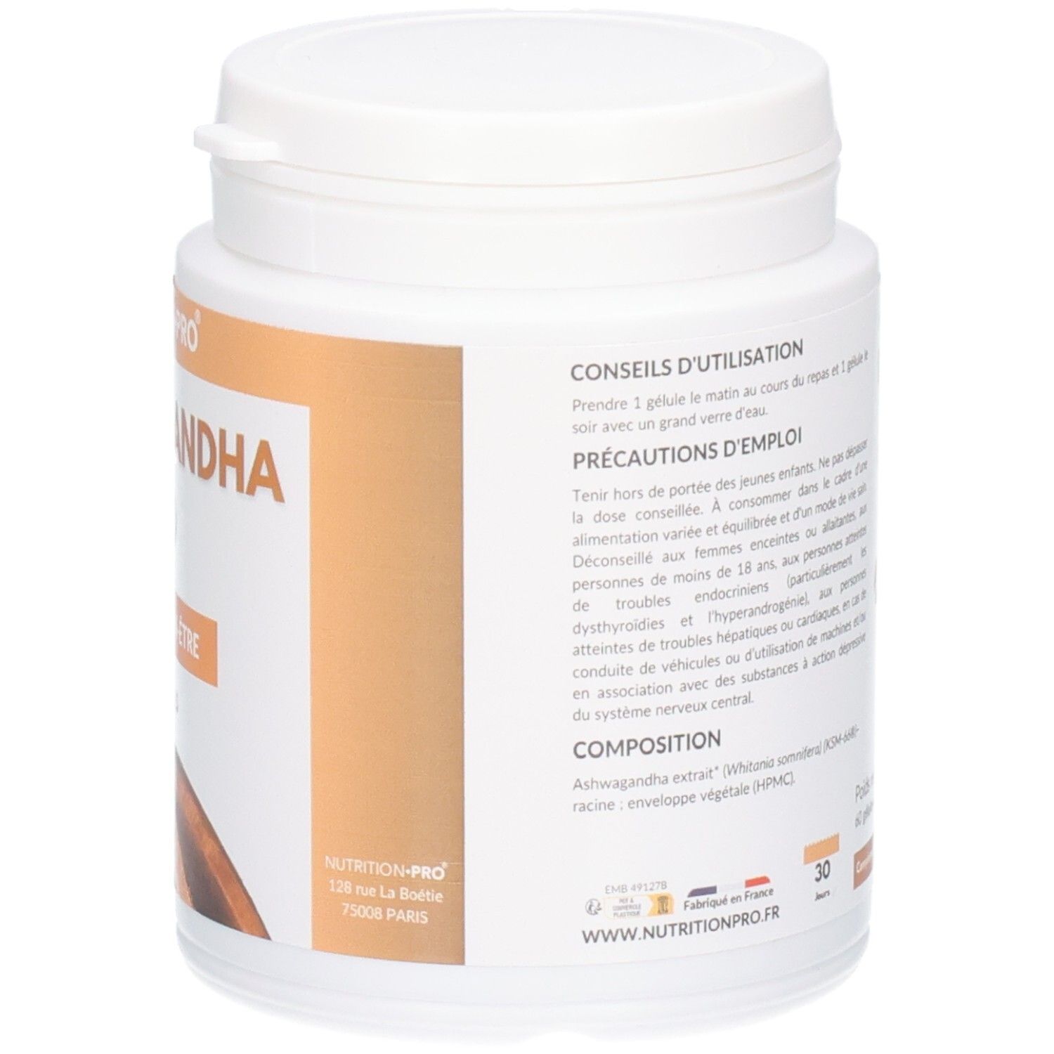 Côté d'une boîte Nutrition Pro Ashwagandha Bio avec conseils d'utilisation et sceaux bio.