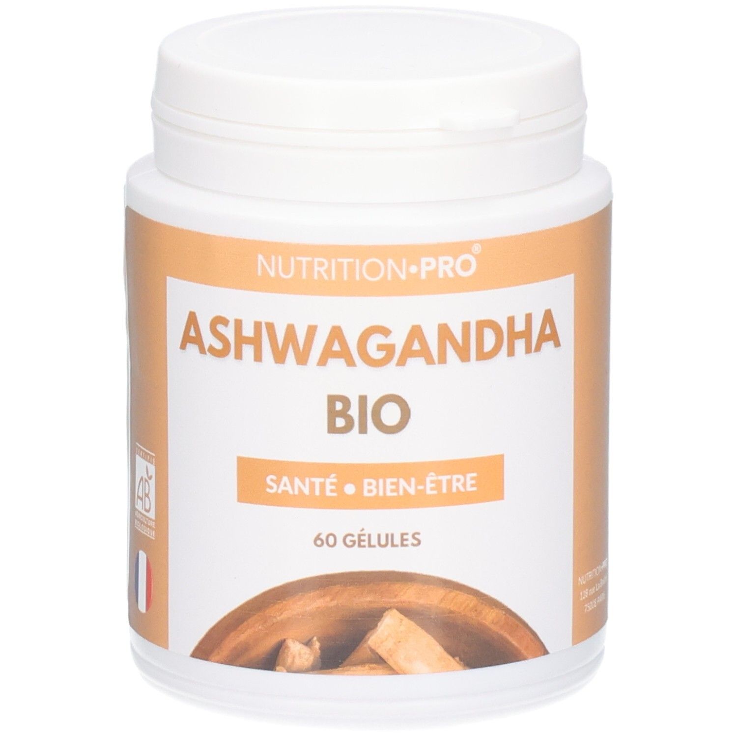 Boîte de 60 gélules Nutrition Pro Ashwagandha Bio. Sceau bio et drapeau français visibles.