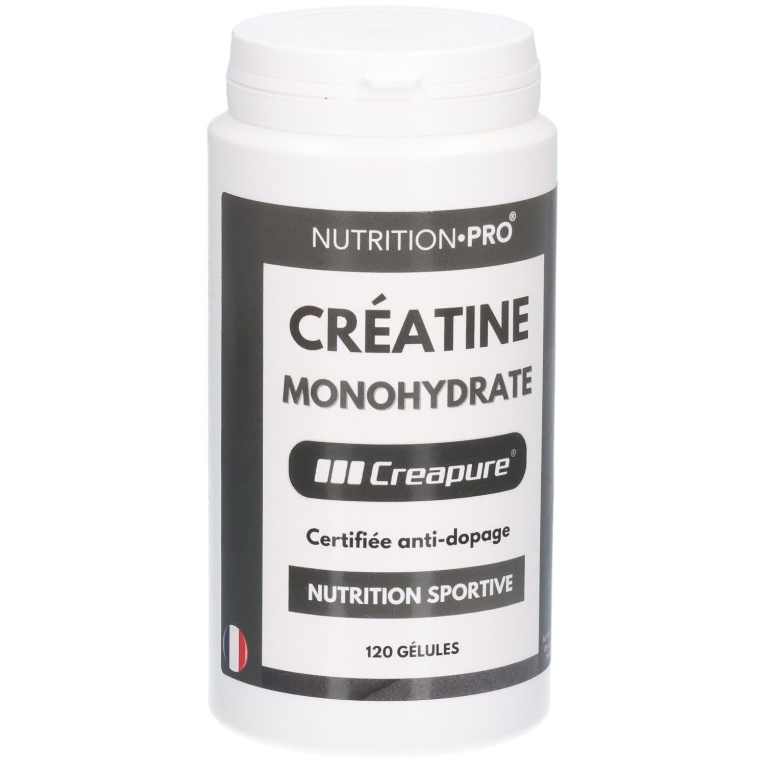 Pot blanc de gélules Créatine Monohydrate, label Creapure, certifié anti-dopage.