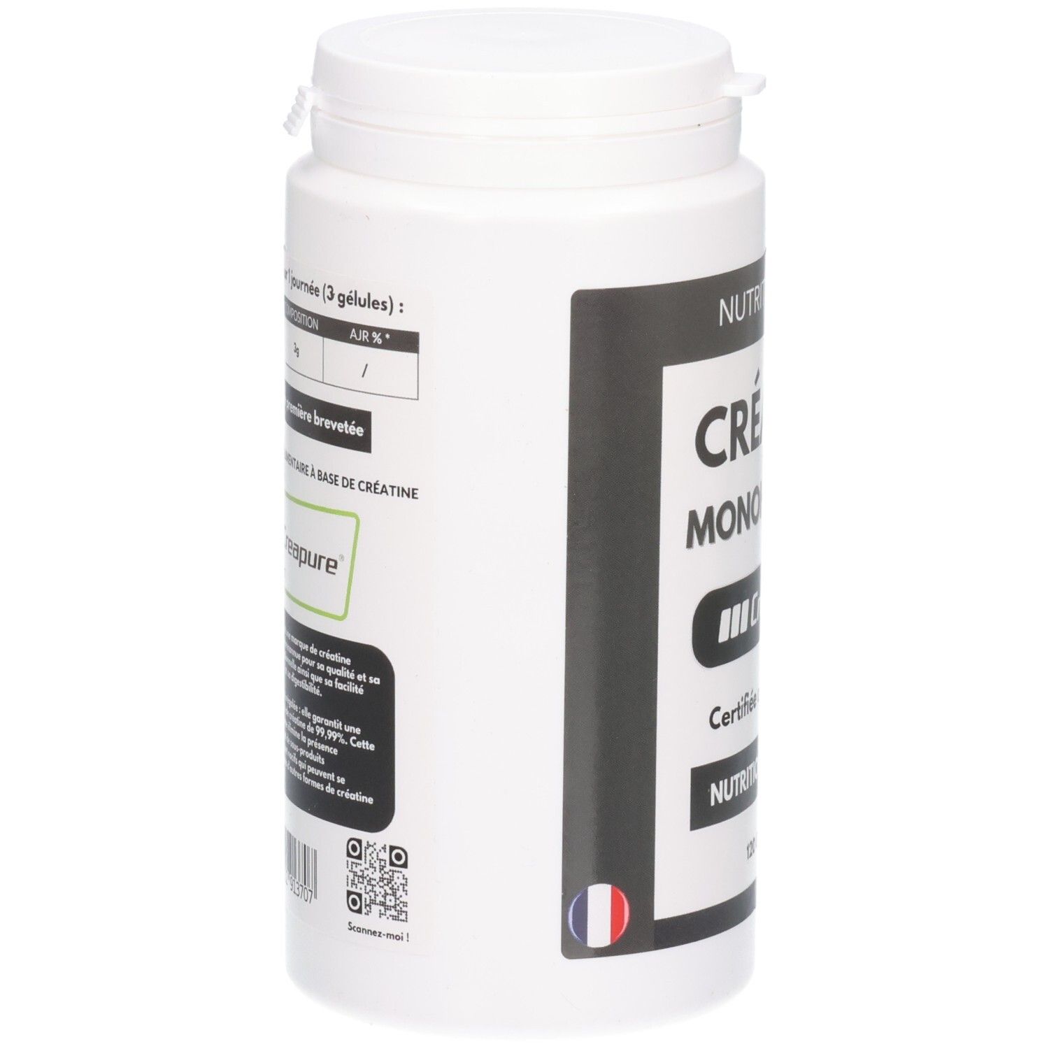 Arrière d'un pot de gélules Créatine Monohydrate, avec informations nutritionnelles et conseils d'utilisation.