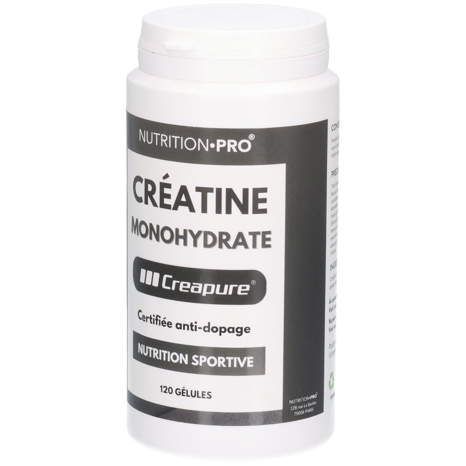 Pot blanc de gélules Créatine Monohydrate, label Creapure, certifié anti-dopage.