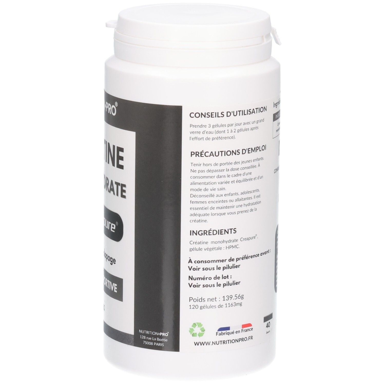 Arrière d'un pot de gélules Créatine Monohydrate, avec conseils d'utilisation et ingrédients.