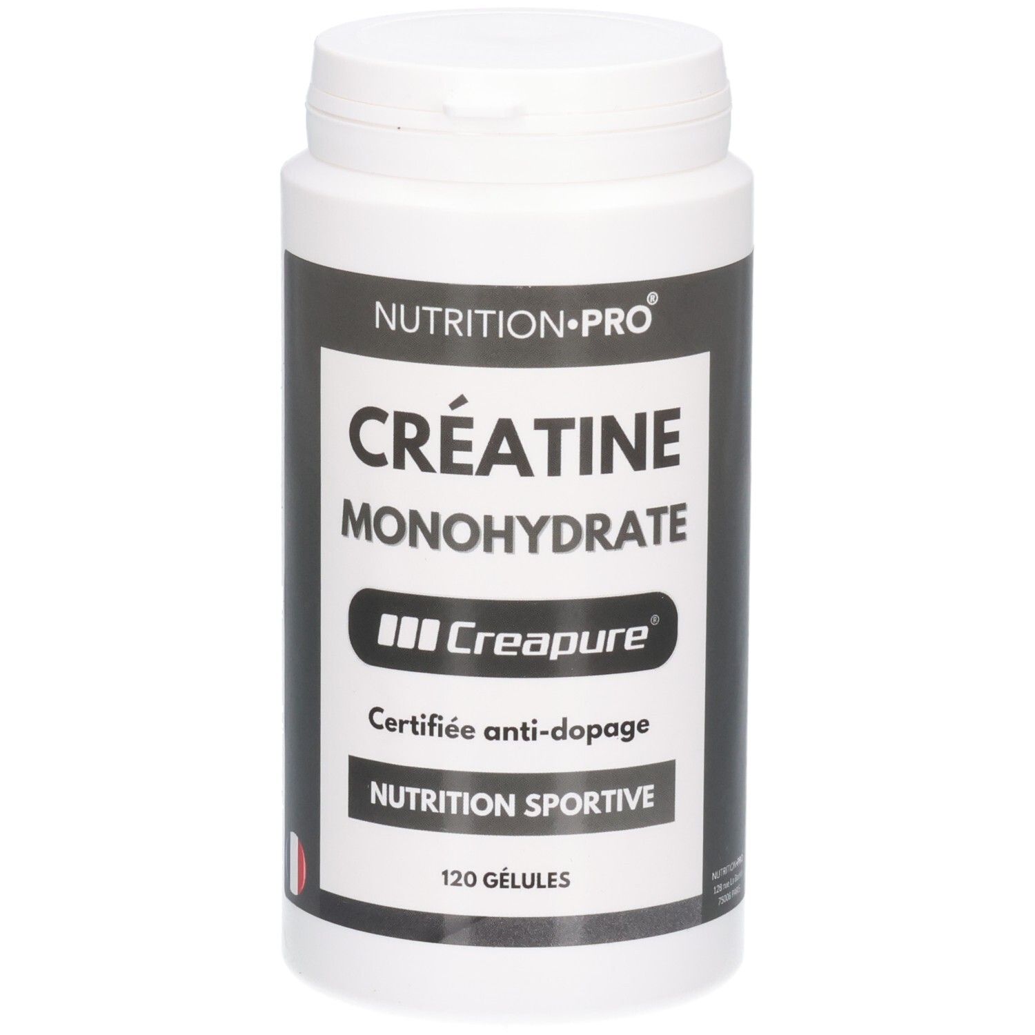Pot blanc de gélules Créatine Monohydrate, label Creapure, certifié anti-dopage.