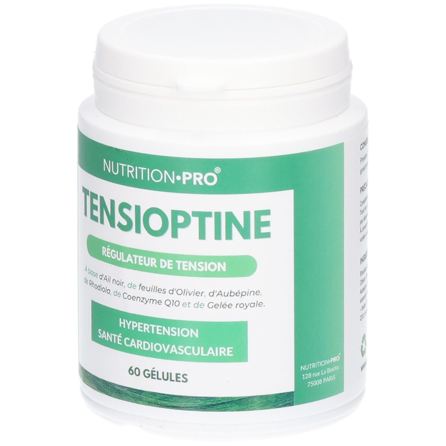 Pot blanc avec étiquette verte : Tensioptine, 60 gélules, pour la santé cardiovasculaire.