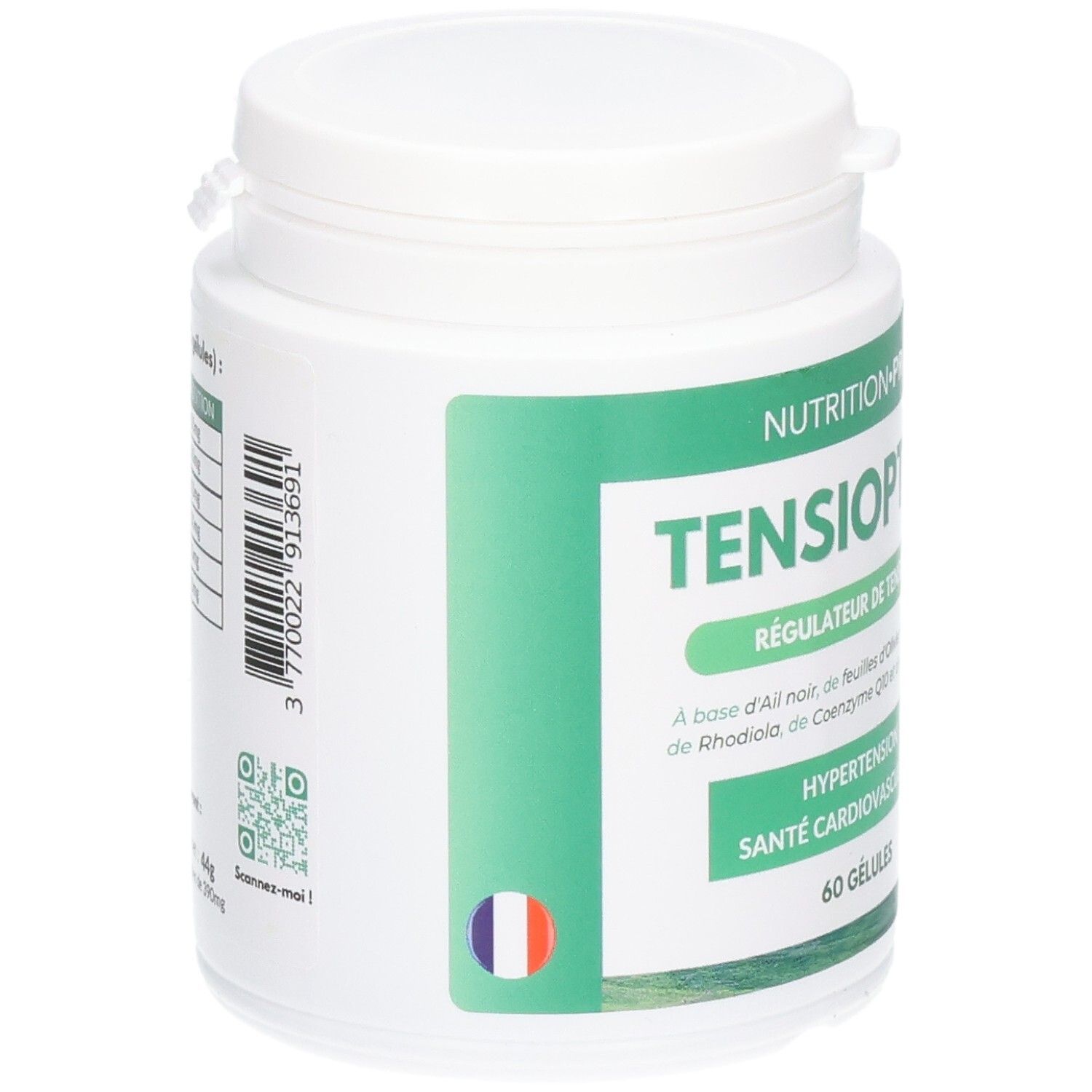 Arrière d'un pot blanc avec étiquette verte : Tensioptine, 60 gélules, avec code-barres et QR code.