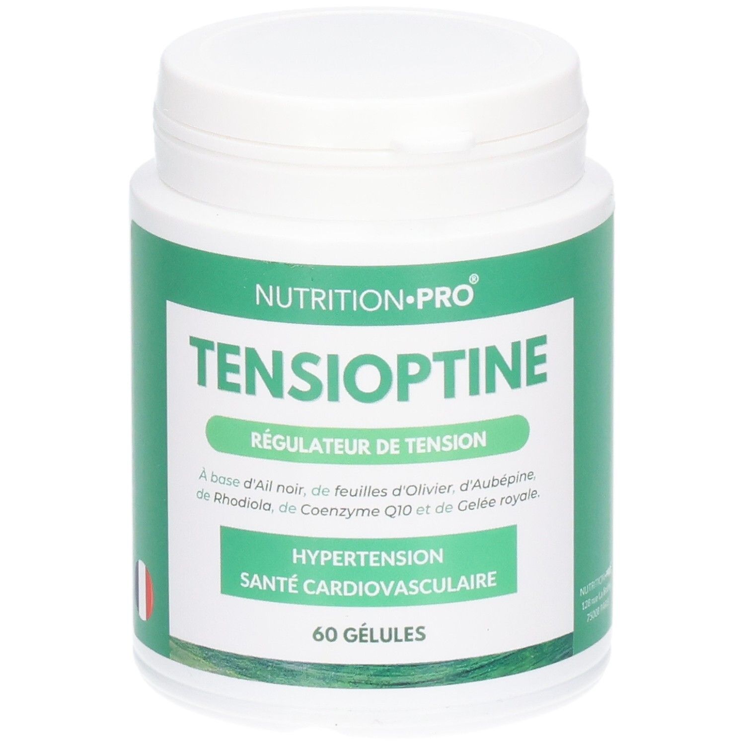 Pot blanc avec étiquette verte : Tensioptine, 60 gélules, pour la santé cardiovasculaire.