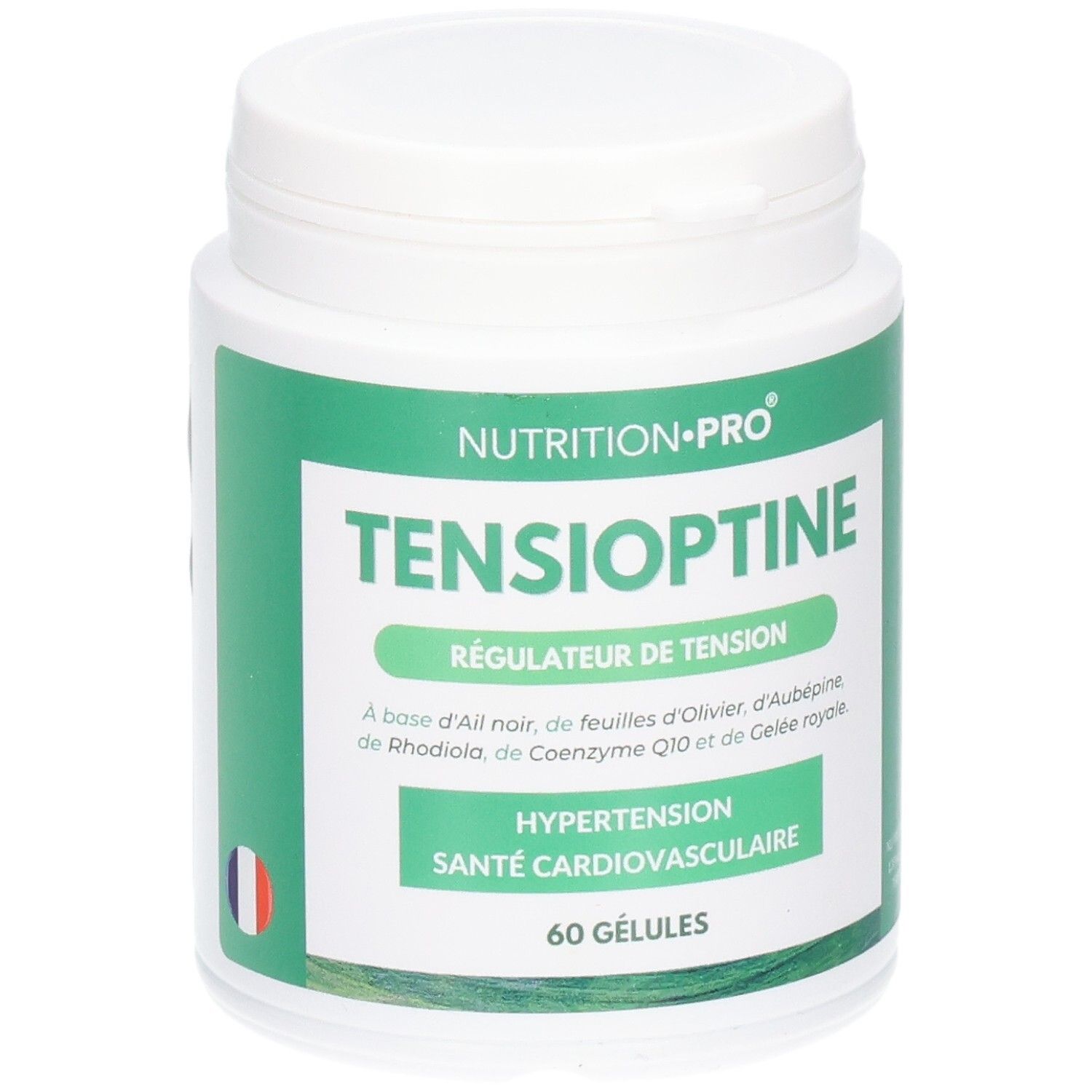 Pot blanc avec étiquette verte : Tensioptine, 60 gélules, pour la santé cardiovasculaire.