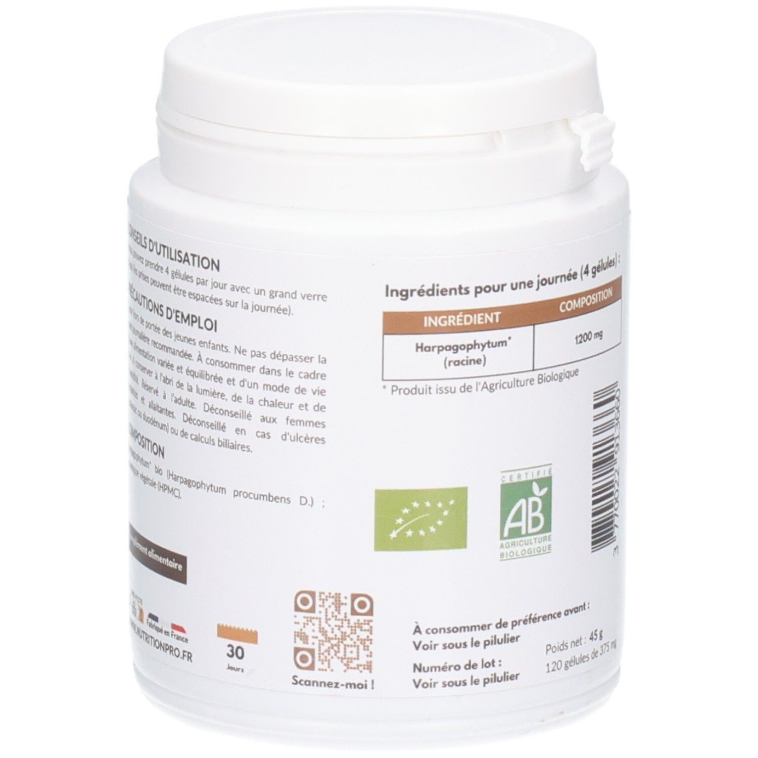 Dos du flacon blanc. Inscription: Ingrédients, 1200 mg. Logo AB. Code QR. Date de péremption. Poids: 45 g. 120 gélules.