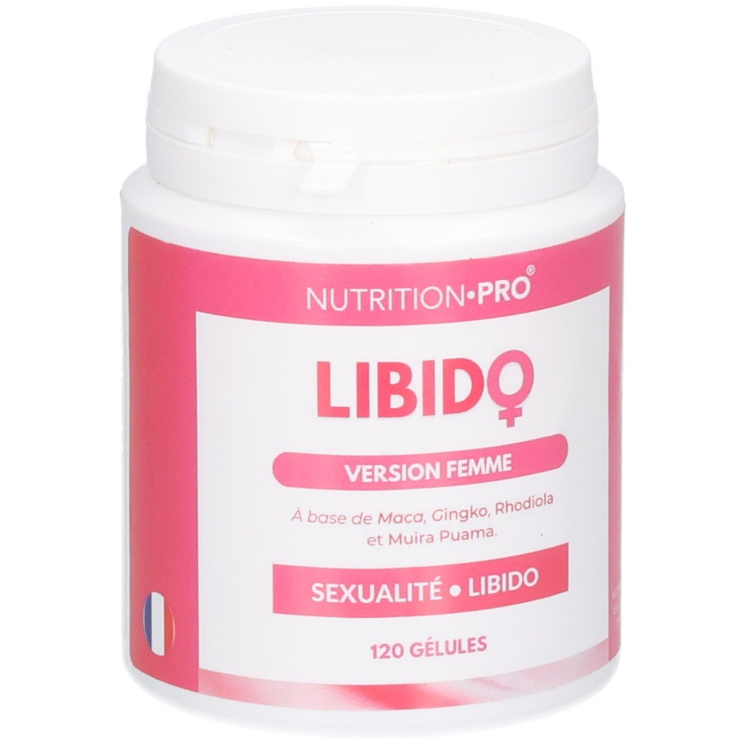 Pilulier blanc avec étiquette rose. Inscription: LIBIDO VERSION FEMME. Contient 120 Gélules. Marque: NUTRITION-PRO.
