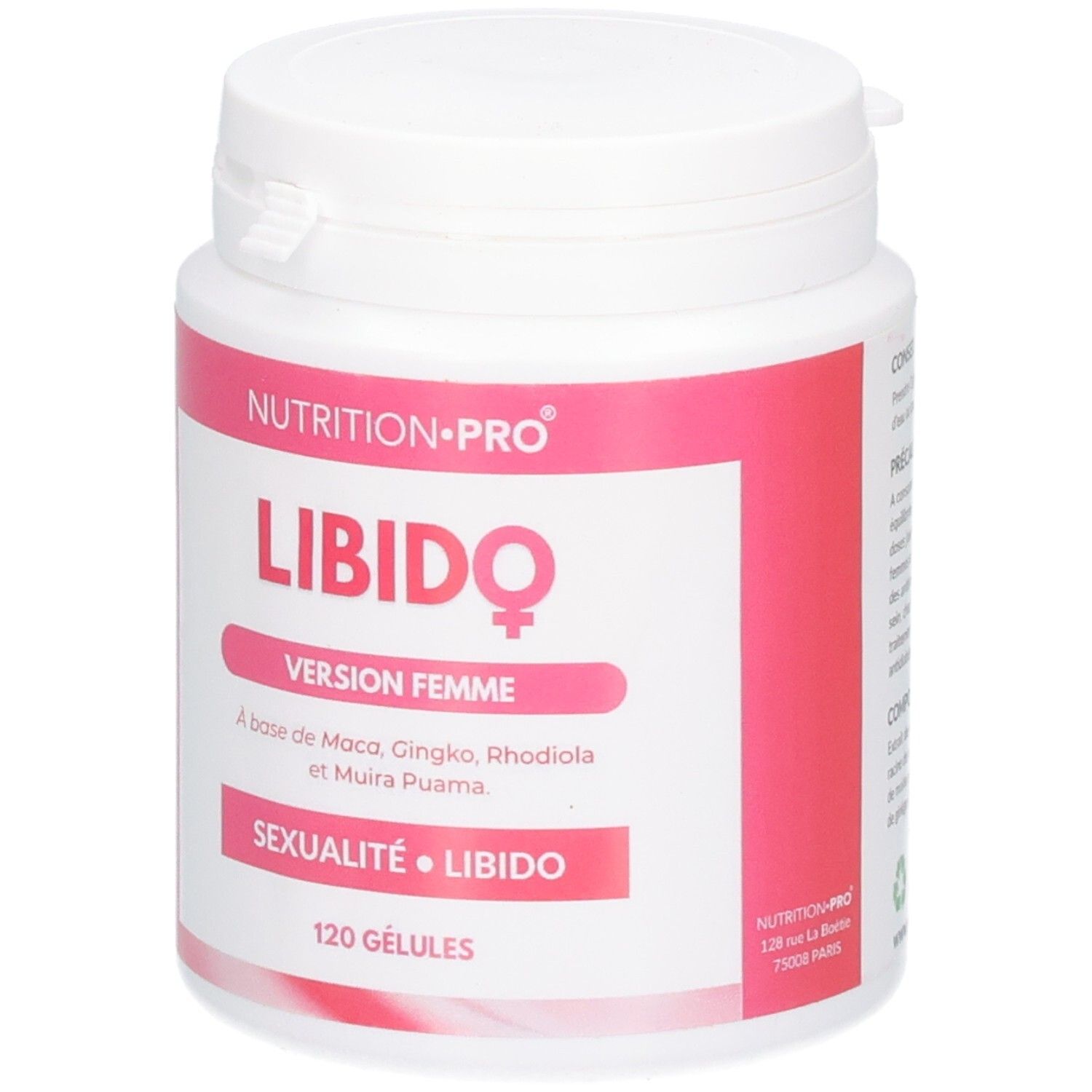 Pilulier blanc avec étiquette rose. Inscription: LIBIDO VERSION FEMME. Contient 120 Gélules. Marque: NUTRITION-PRO.