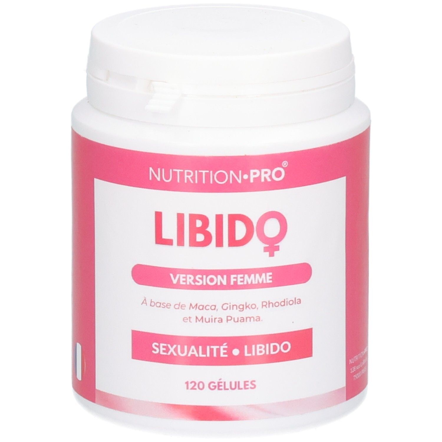 Pilulier blanc avec étiquette rose. Inscription: LIBIDO VERSION FEMME. Contient 120 Gélules. Marque: NUTRITION-PRO.