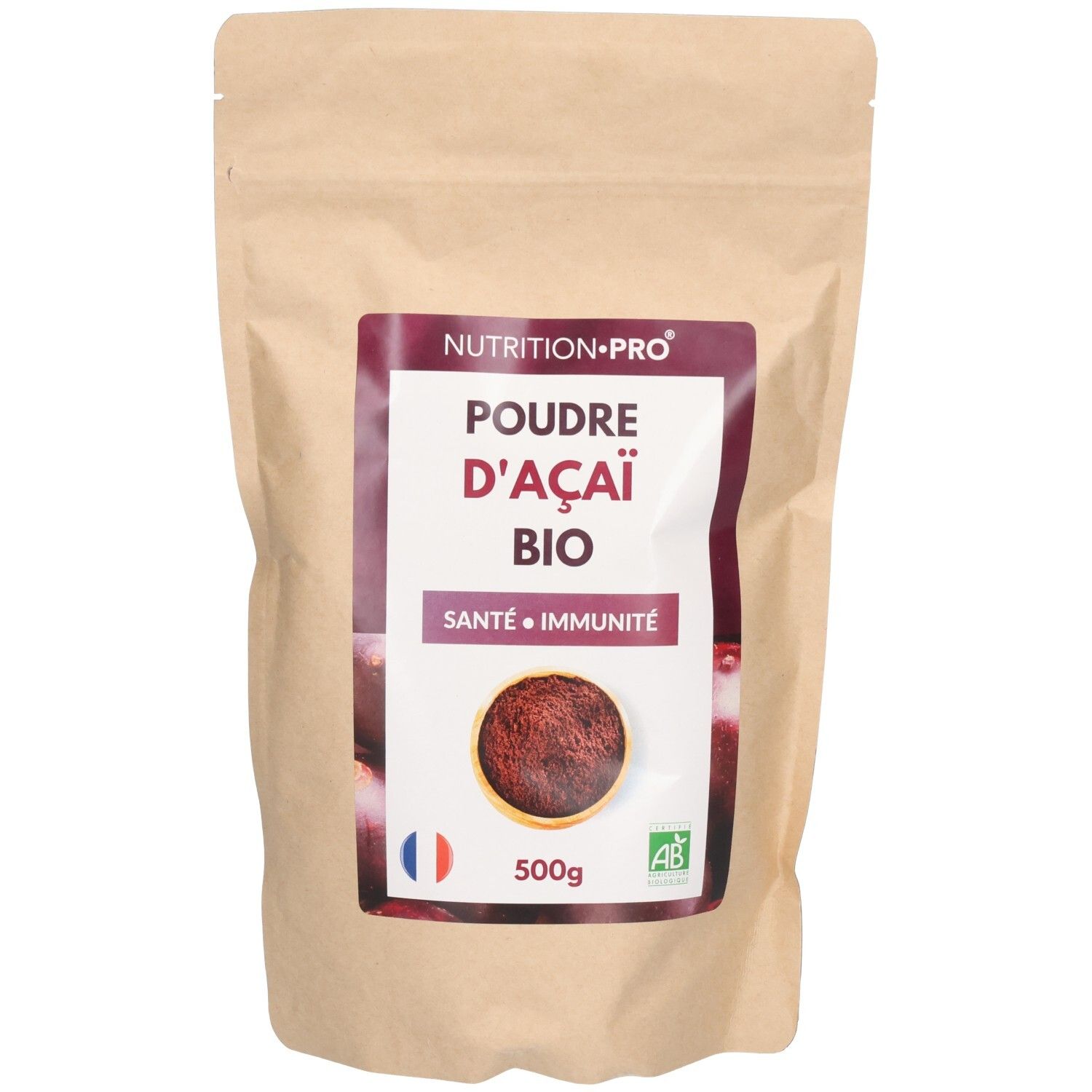 Sachet en papier avec texte: Poudre d'Açaï Bio, Santé Immunité. Drapeau français, 500g, label AB. Contient de la poudre.