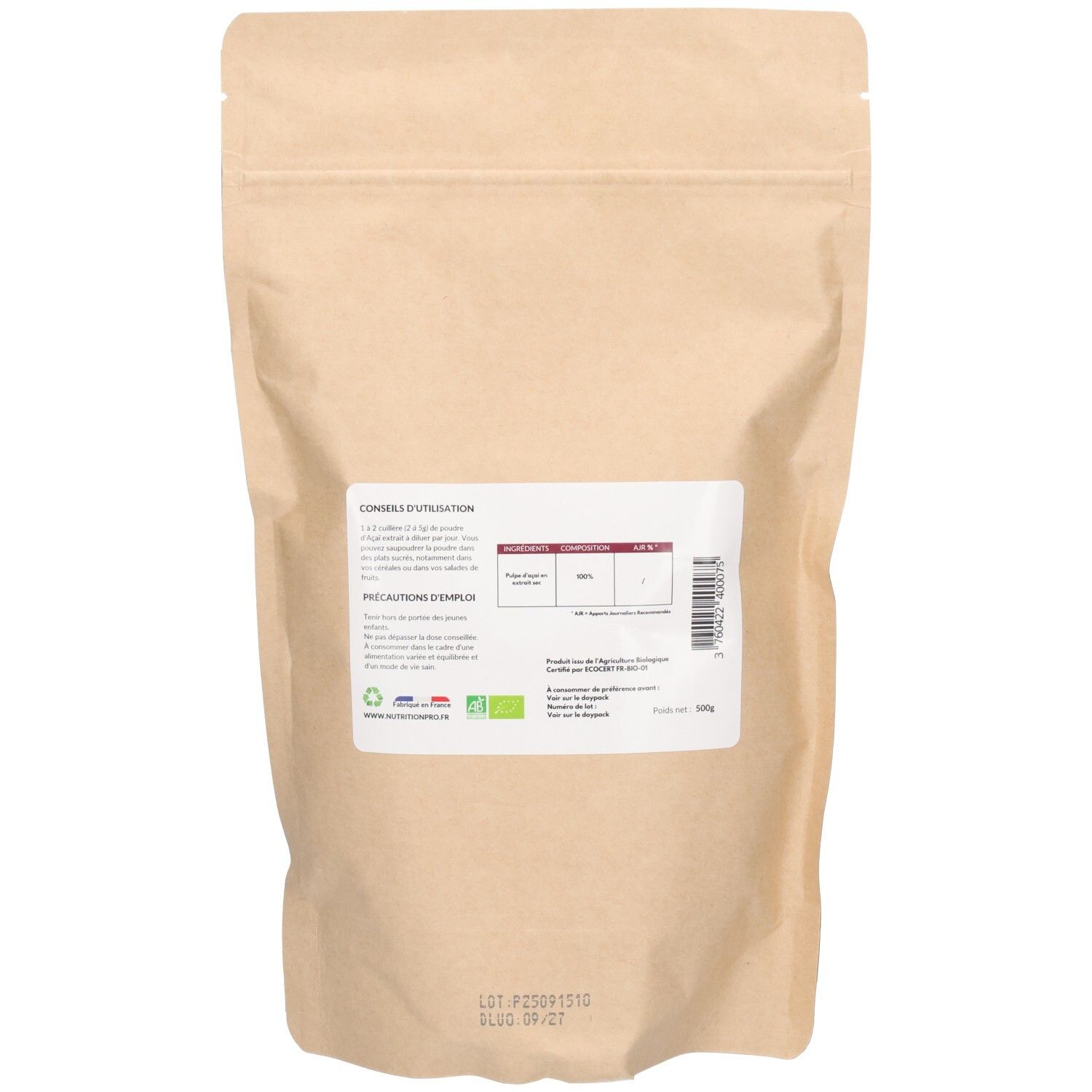 Dos du sachet. Étiquette avec texte et code-barres. Contient des informations d'utilisation et des précautions.