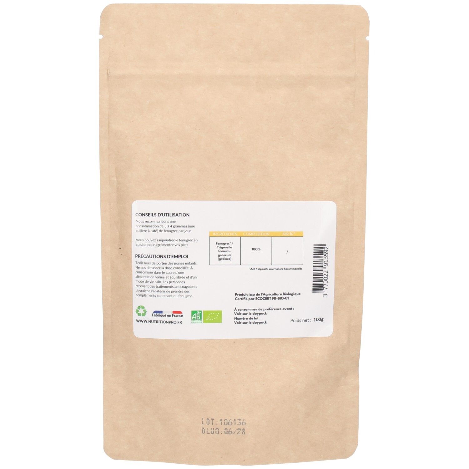 Dos du sachet. Étiquette avec texte et tableaux. Drapeau français, label AB, texte: Produit issu de l'agriculture biologique.
