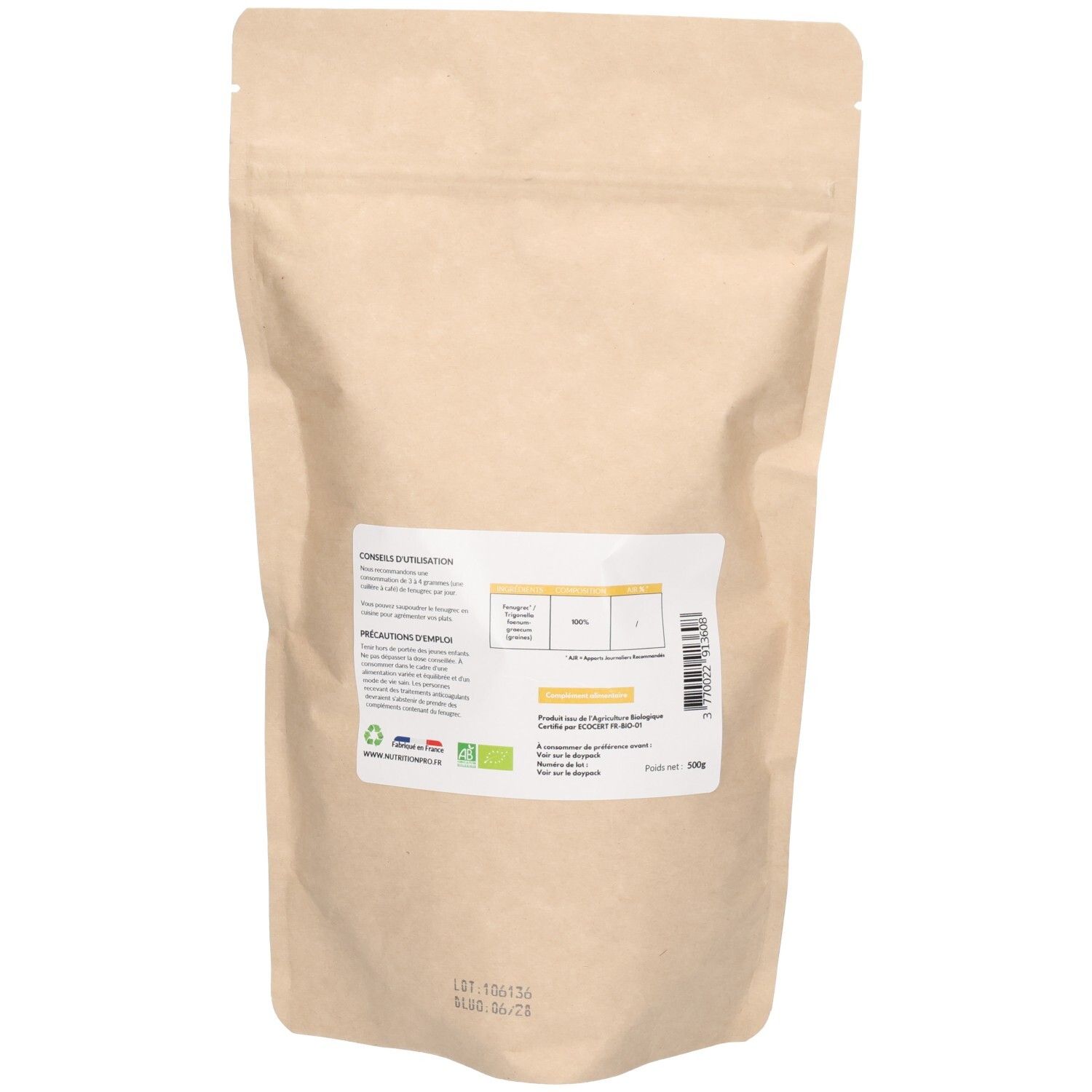 Dos du sachet. Étiquette blanche avec texte. Label bio, logo français, numéro de lot.