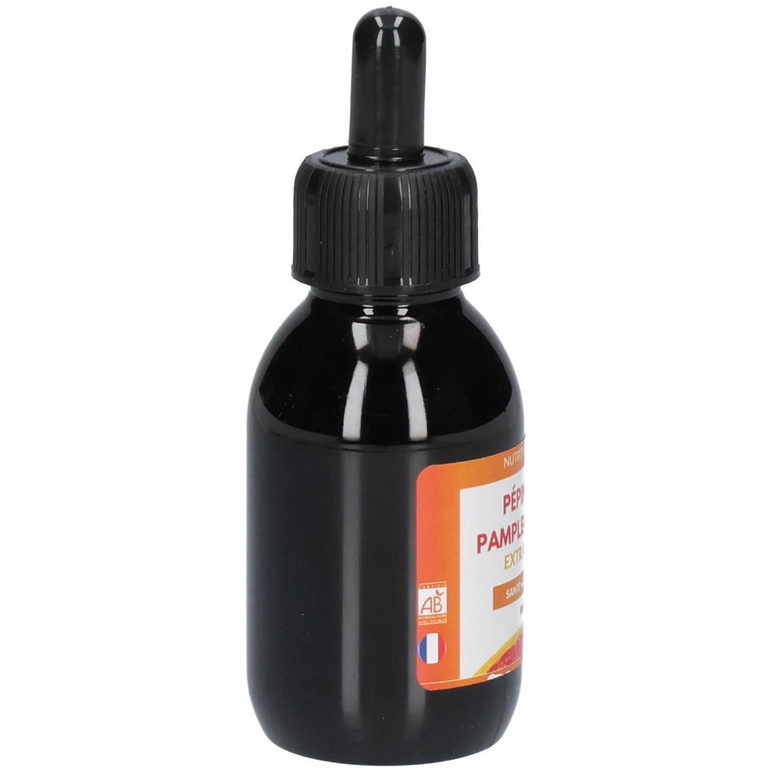 Flacon en verre brun avec bouchon noir et pipette. Étiquette avec logo et certification bio française.
