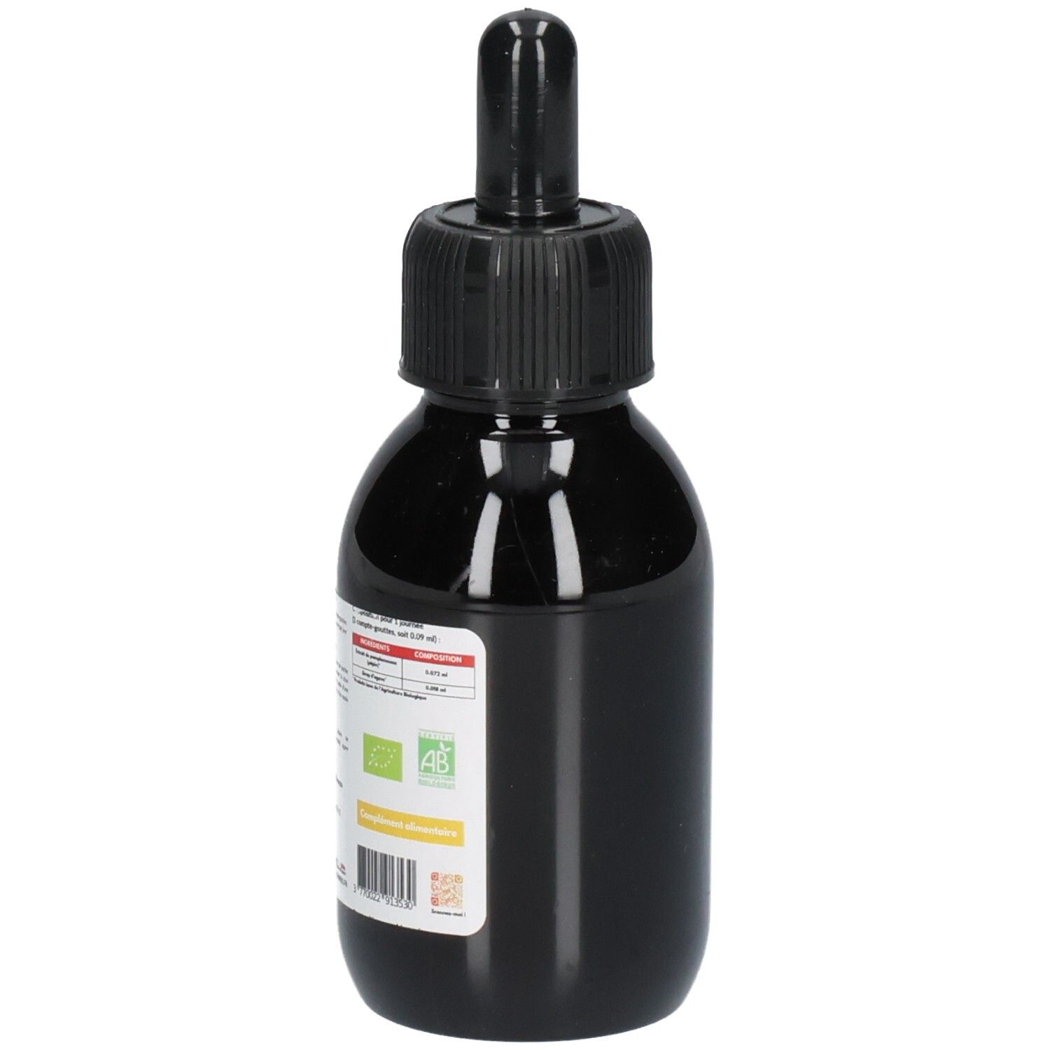 Flacon en verre brun avec bouchon noir et pipette. Étiquette avec informations produit et certification bio.
