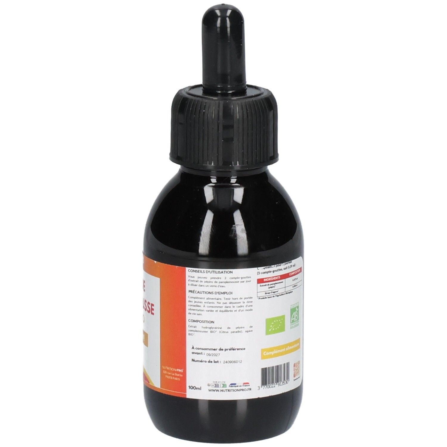 Flacon en verre brun avec bouchon noir et pipette. Étiquette avec informations produit et certification bio.