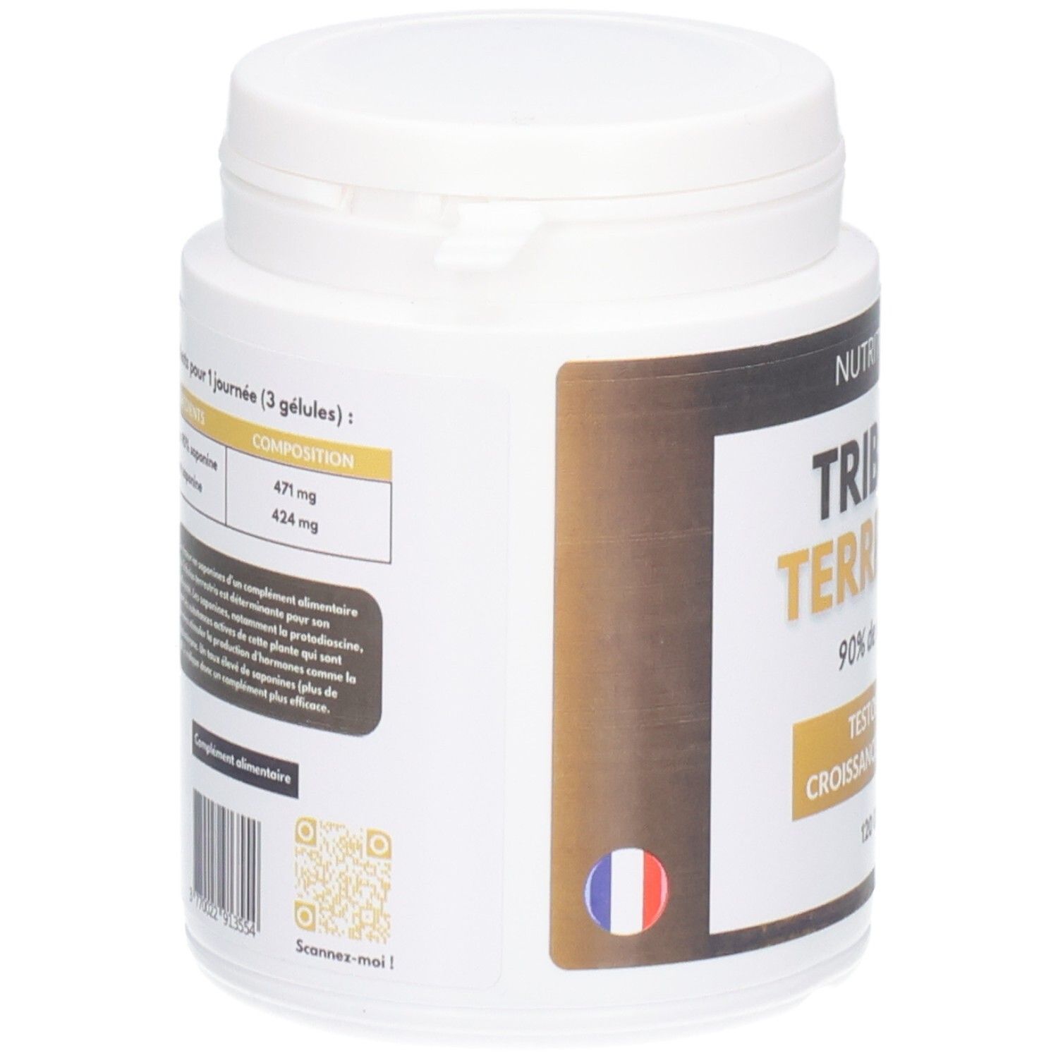 Pot blanc, vue latérale. Nutrition Pro Tribulus Terrestris. Logo français. Liste des ingrédients et QR code.