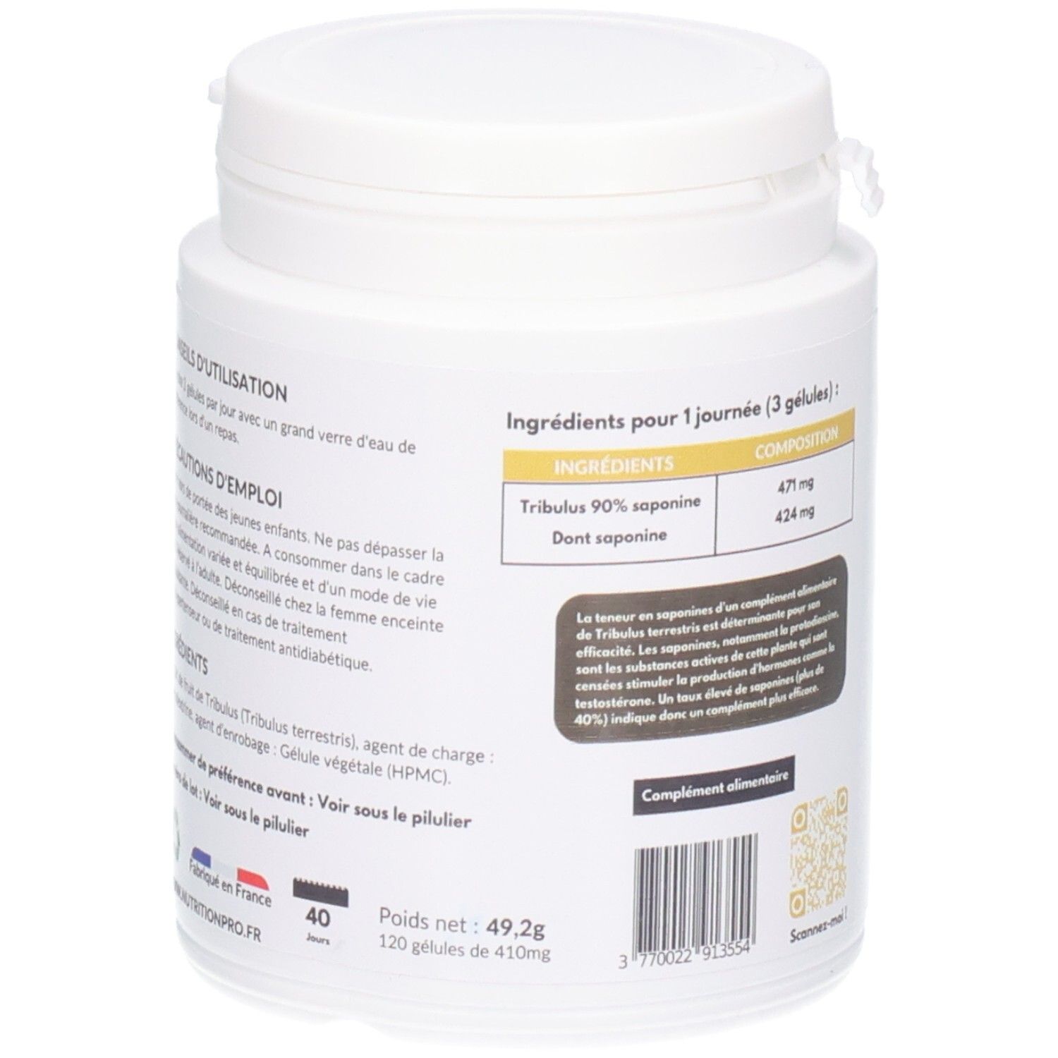 Pot blanc, dos. Nutrition Pro Tribulus Terrestris. Liste des ingrédients, logo français, QR code.