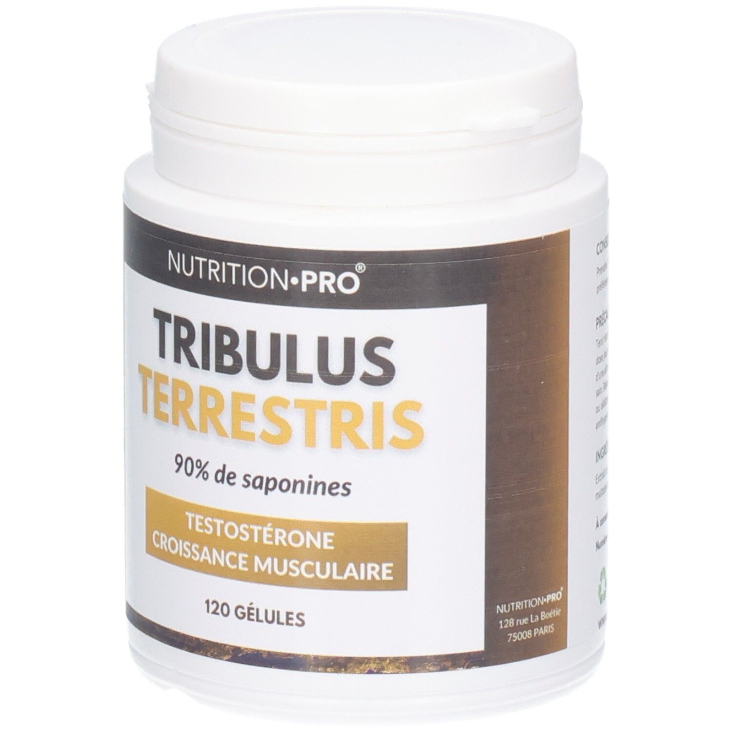 Pot blanc Nutrition Pro Tribulus Terrestris. Inscription dorée, logo français. 120 gélules.