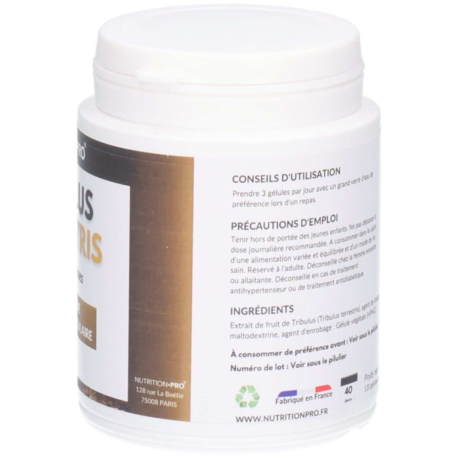 Pot blanc, dos. Nutrition Pro Tribulus Terrestris. Logo français, informations d'adresse.