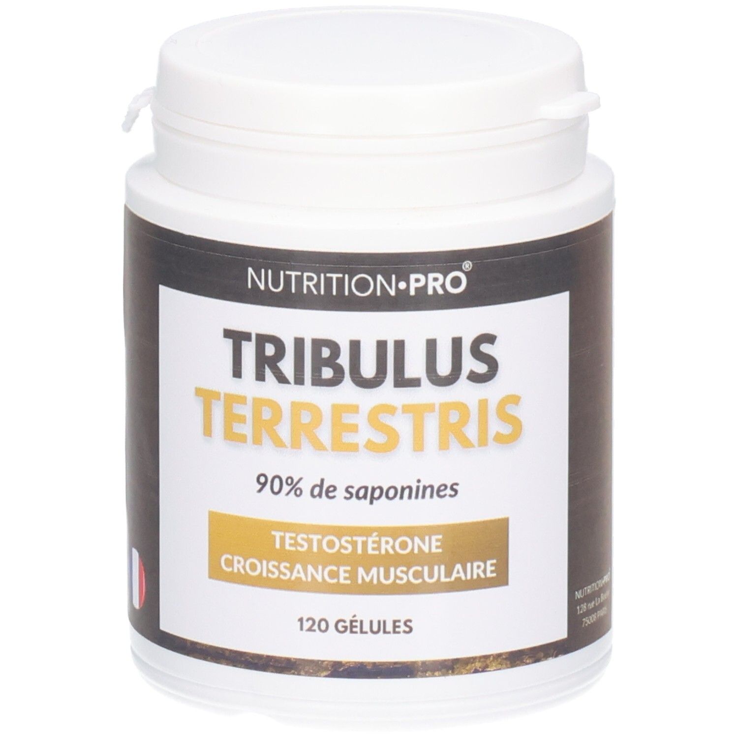 Pot blanc Nutrition Pro Tribulus Terrestris. Inscription dorée, logo français. 120 gélules.