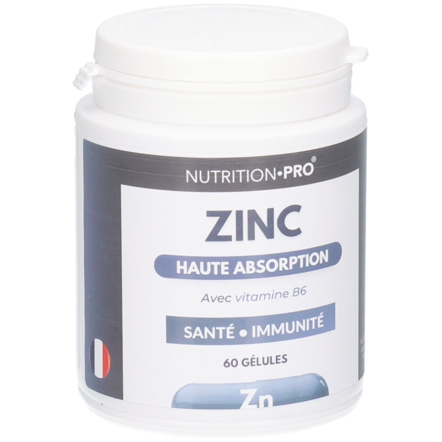 Flacon blanc ZINC, HAUTE ABSORPTION, 60 GÉLULES. Contient vitamine B6. Marque NUTRITION-PRO. Drapeau français.