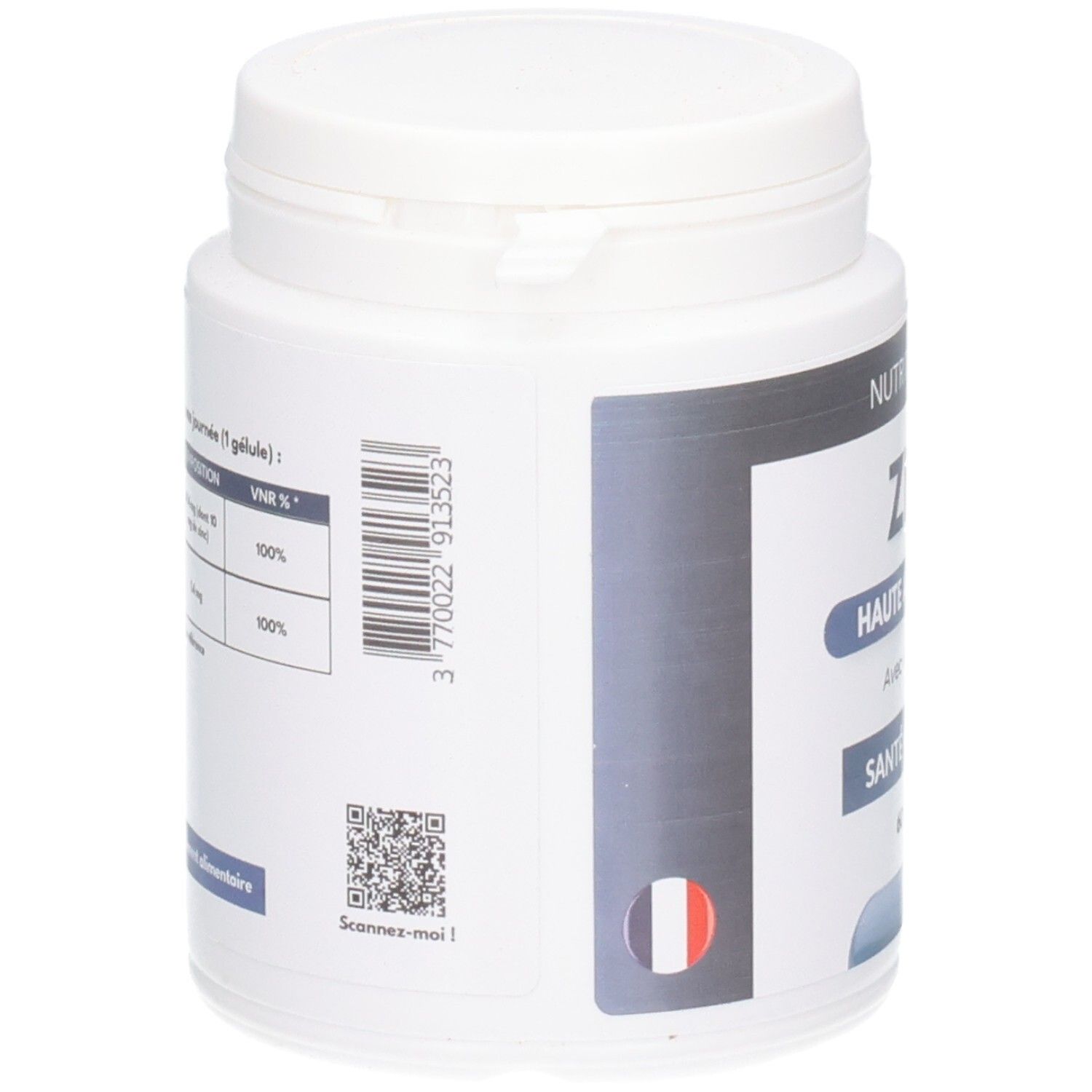 Dos du flacon blanc. Contient code-barres, QR code et drapeau français. Texte: Scannez-moi !