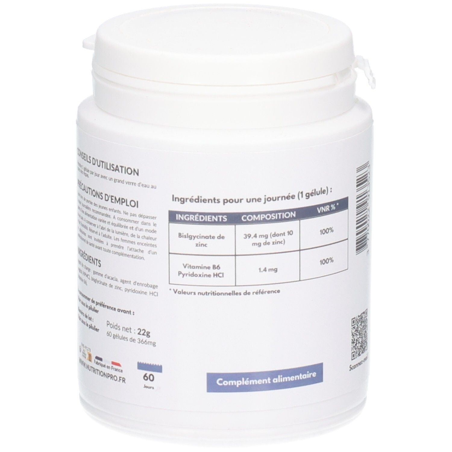 Dos du flacon blanc. Contient informations nutritionnelles et ingrédients. Texte: Complément alimentaire.