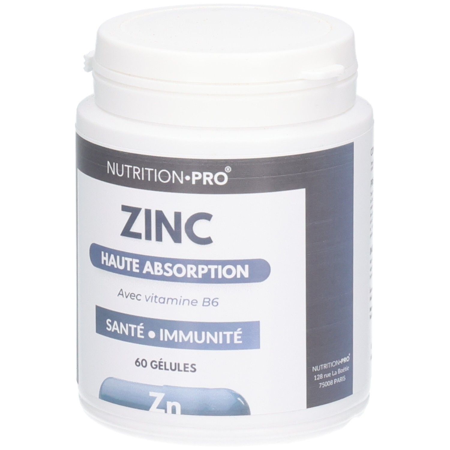 Flacon blanc ZINC, HAUTE ABSORPTION, 60 GÉLULES. Contient vitamine B6. Marque NUTRITION-PRO. Drapeau français.