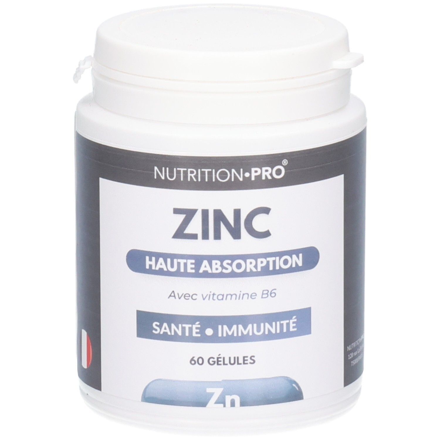 Flacon blanc ZINC, HAUTE ABSORPTION, 60 GÉLULES. Contient vitamine B6. Marque NUTRITION-PRO. Drapeau français.