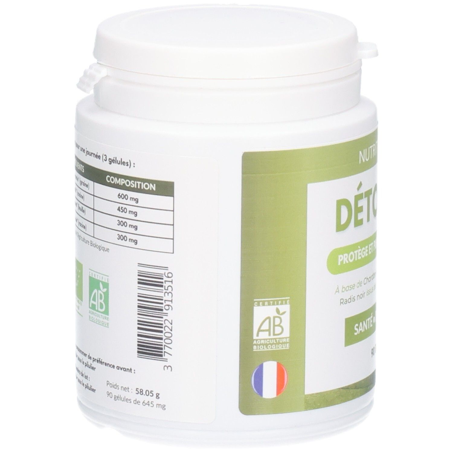 Arrière d'un pot avec informations nutritionnelles et label bio.
