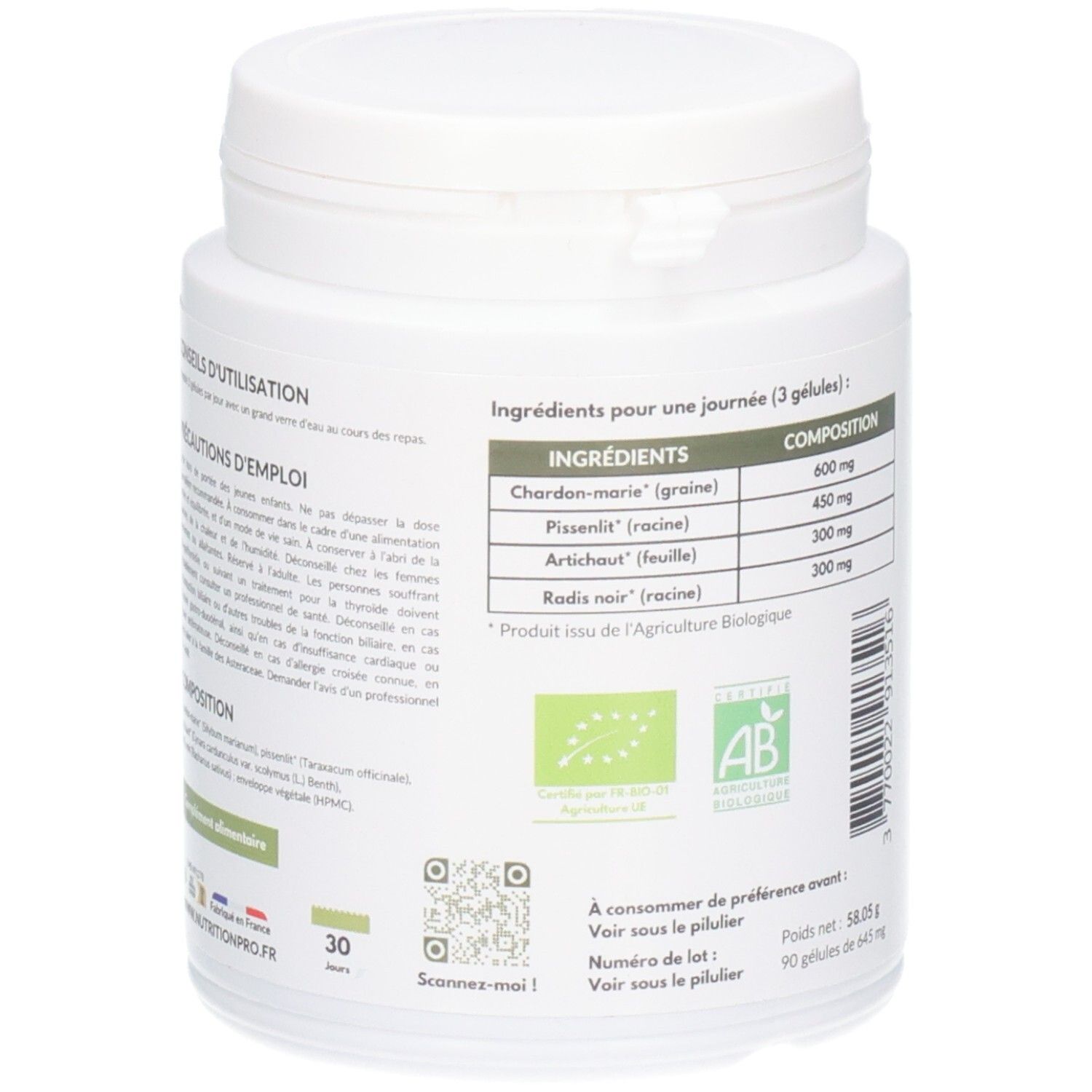 Arrière d'un pot avec liste des ingrédients et label bio.