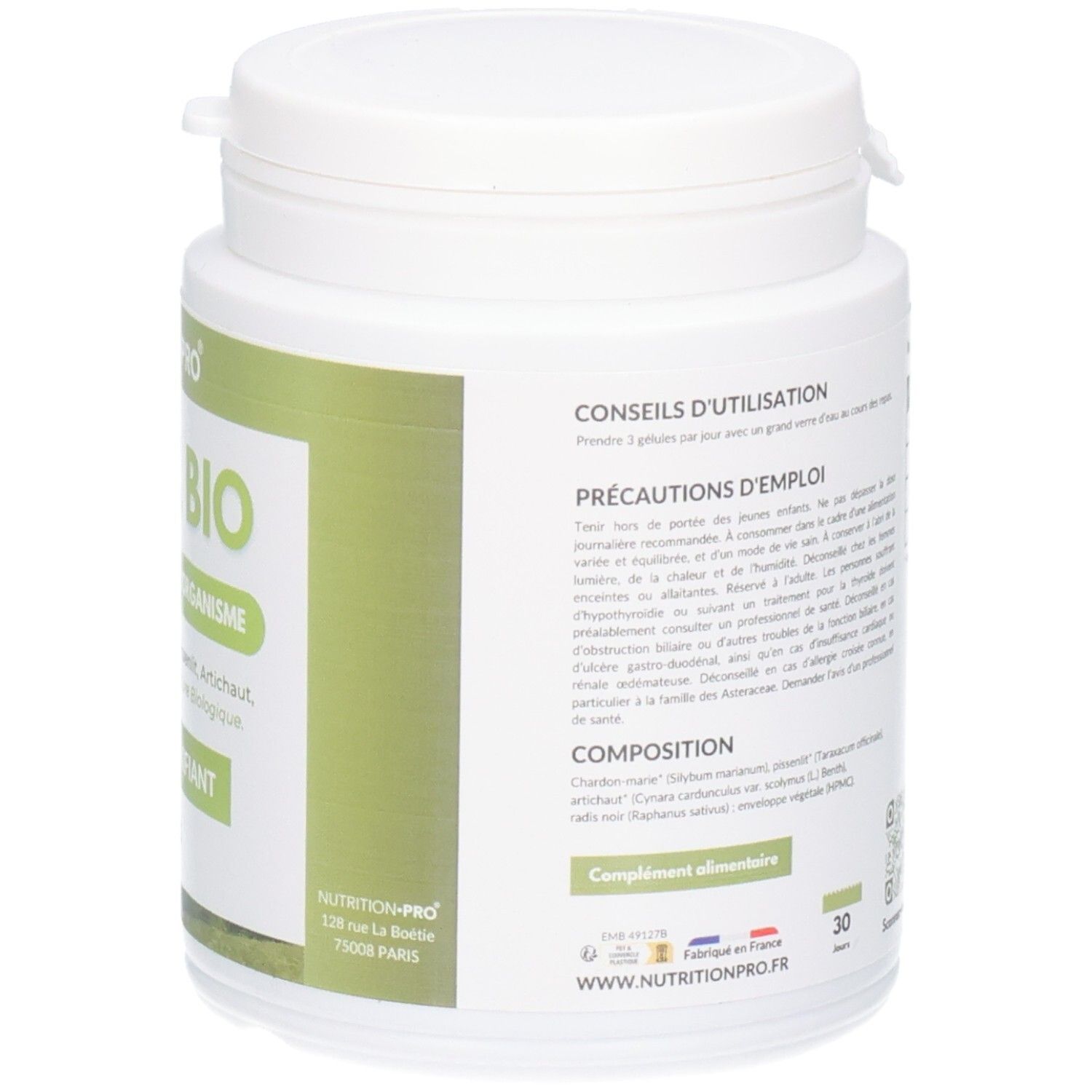 Arrière d'un pot avec conseils d'utilisation et label bio.