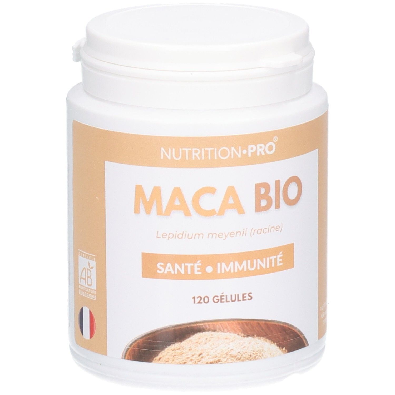 Pot blanc MACA BIO, 120 gélules. Drapeau français et label AB. Contenu: poudre dans un bol.