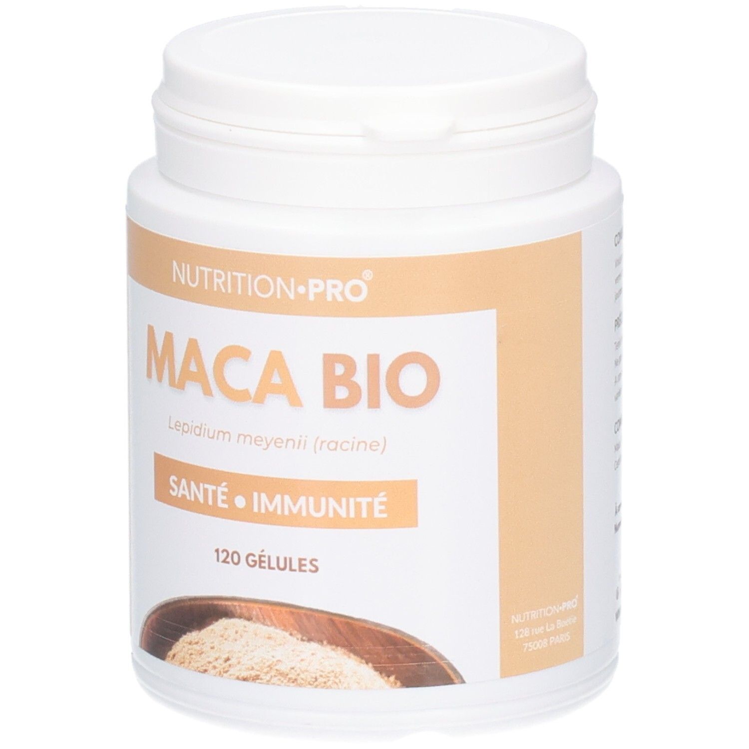 Pot blanc avec MACA BIO, 120 gélules. Contient de la poudre dans un bol. Label AB et label bio français.