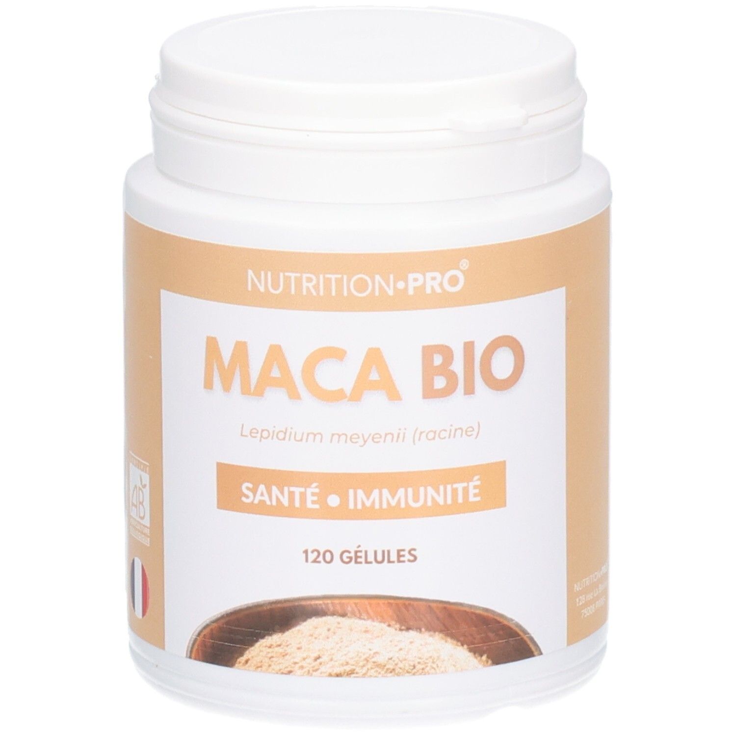 Pot blanc avec MACA BIO, 120 gélules. Contient de la poudre dans un bol. Label AB et label bio français.