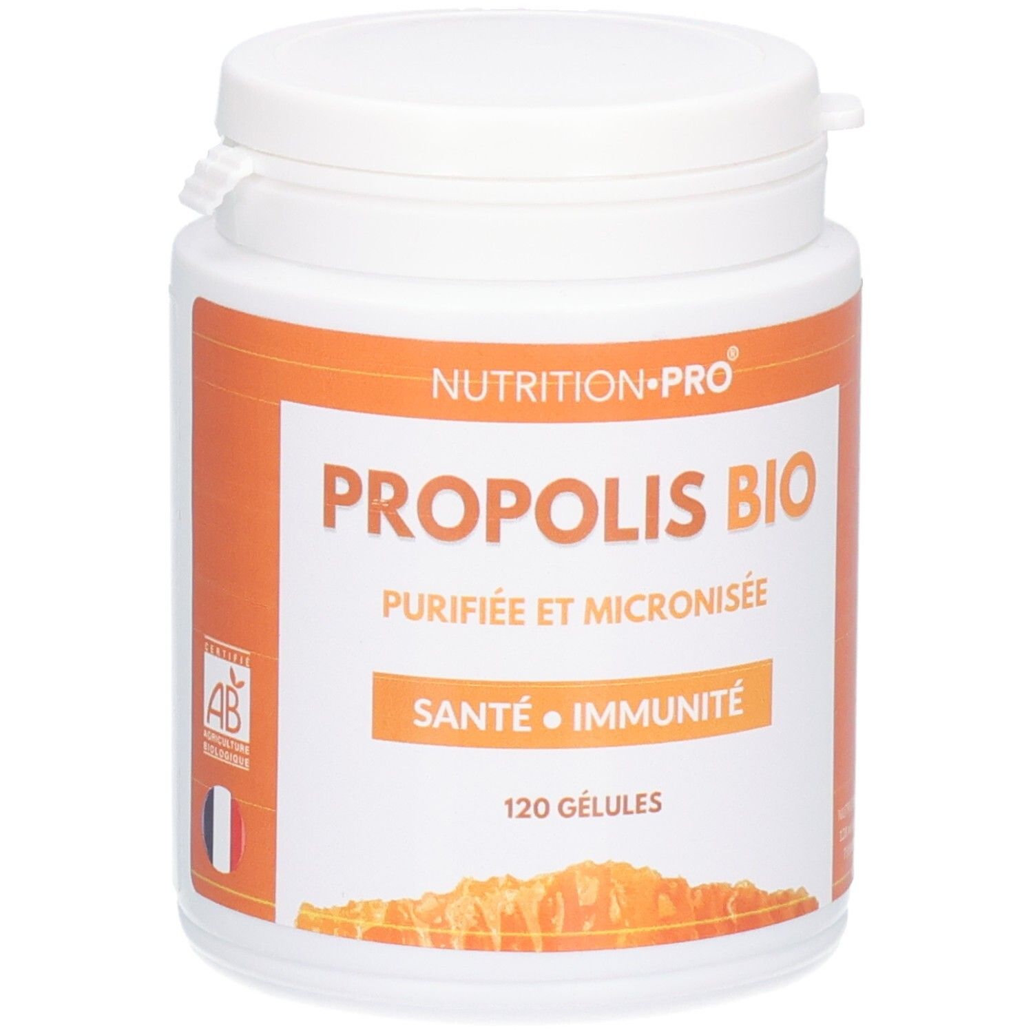Flacon blanc avec étiquette orange. Texte: PROPOLIS BIO, Santé • Immunité, 120 Gélules. Certification AB et drapeau français.