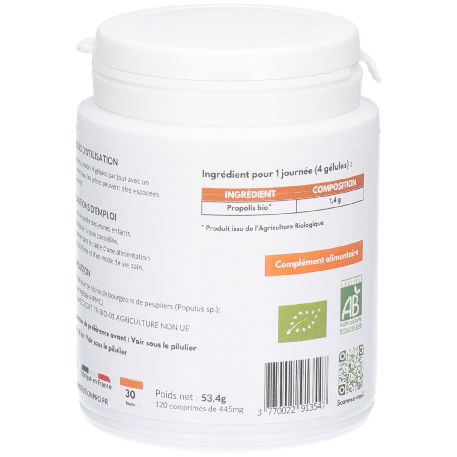 Dos du flacon blanc. Texte: Ingrédient, Propolis bio. Certification AB. Drapeau français. Code QR.