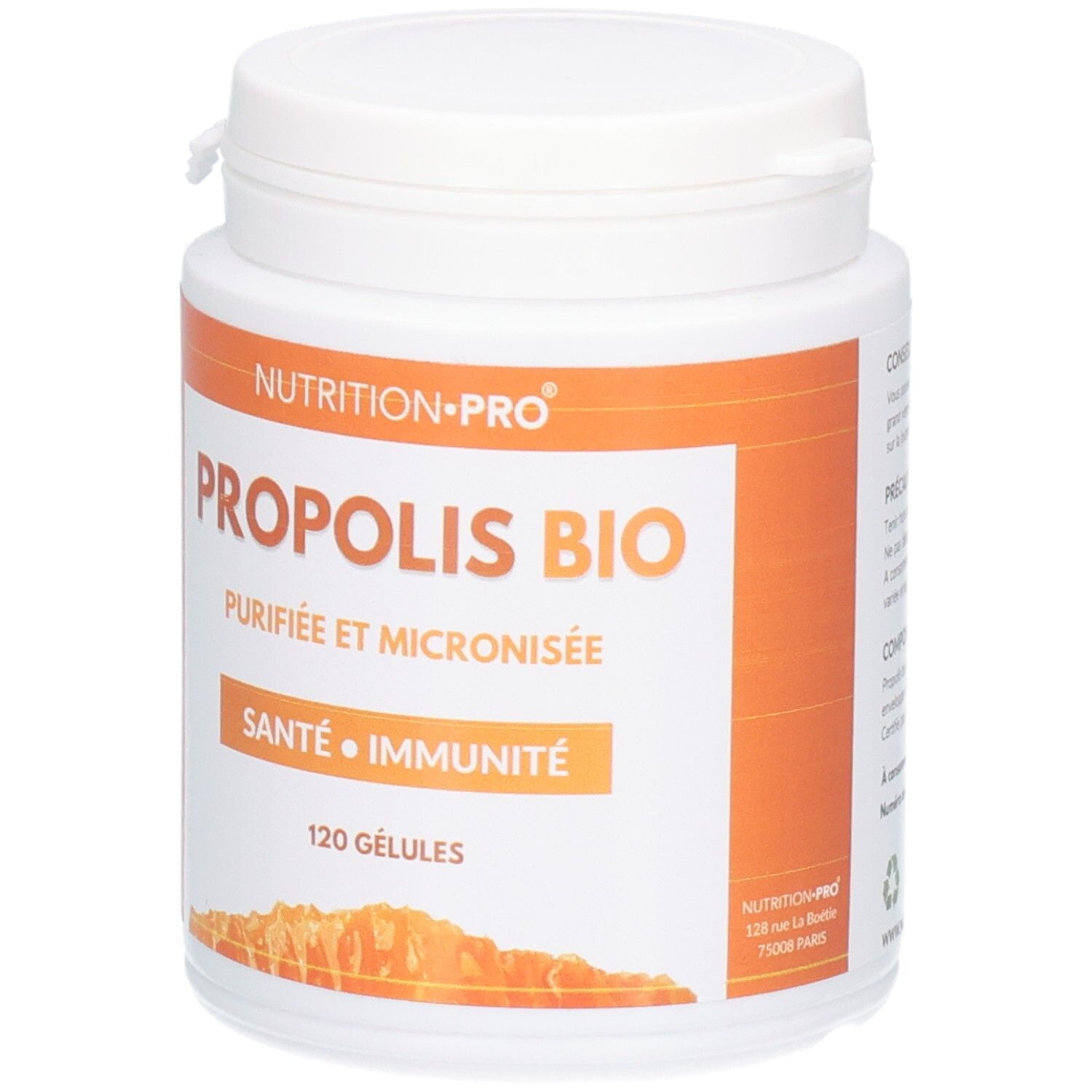 Flacon blanc avec étiquette orange. Texte: PROPOLIS BIO, Santé • Immunité, 120 Gélules. Marque Nutrition-Pro.