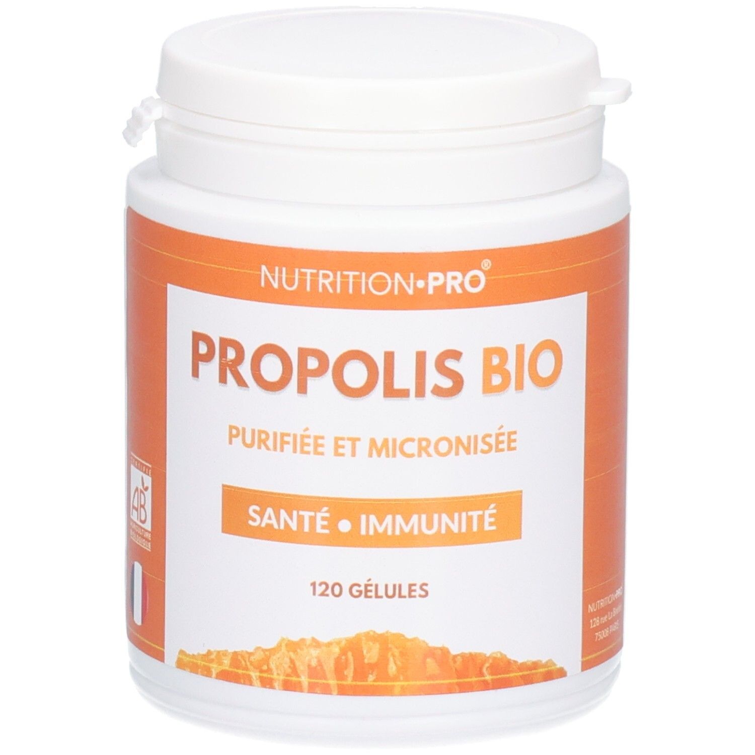 Flacon blanc avec étiquette orange. Texte: PROPOLIS BIO, Santé • Immunité, 120 Gélules. Certification AB.