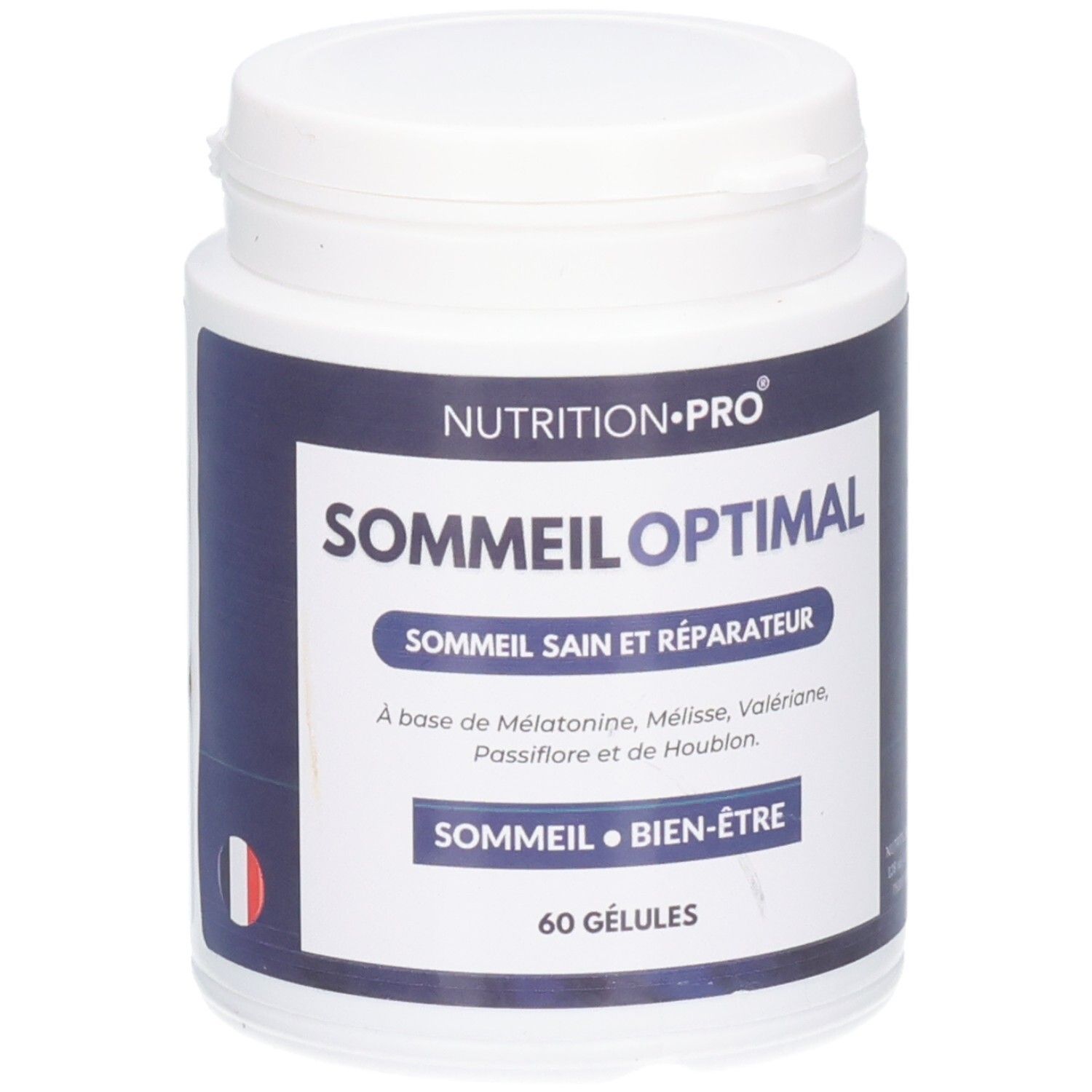 Boîte blanche avec étiquette bleue. Inscription: SOMMEIL OPTIMAL, 60 GÉLULES. Contient mélatonine, mélisse, valériane, passiflore et houblon.