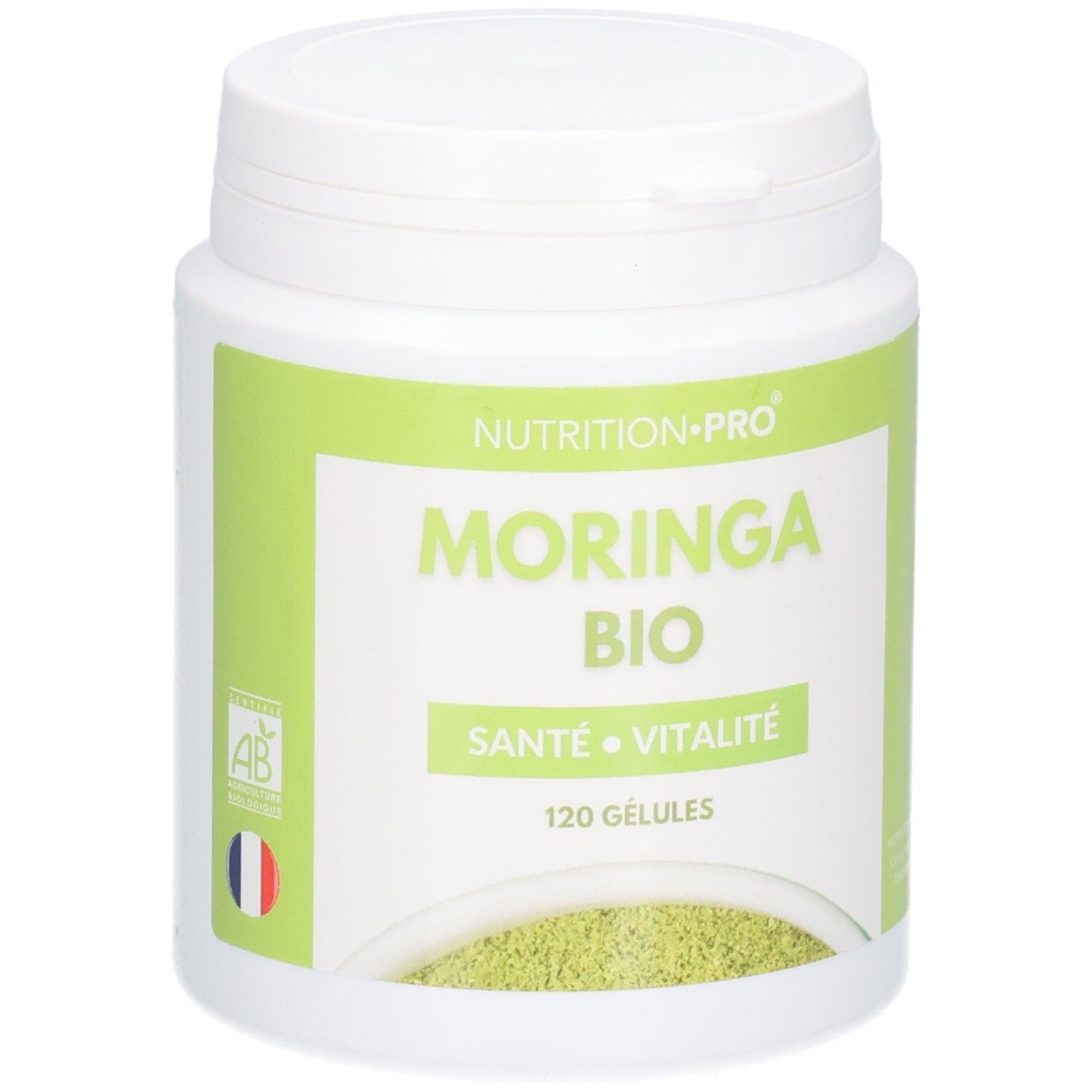 Pot blanc de gélules MORINGA BIO, 120 unités. Avec label AB et drapeau français.