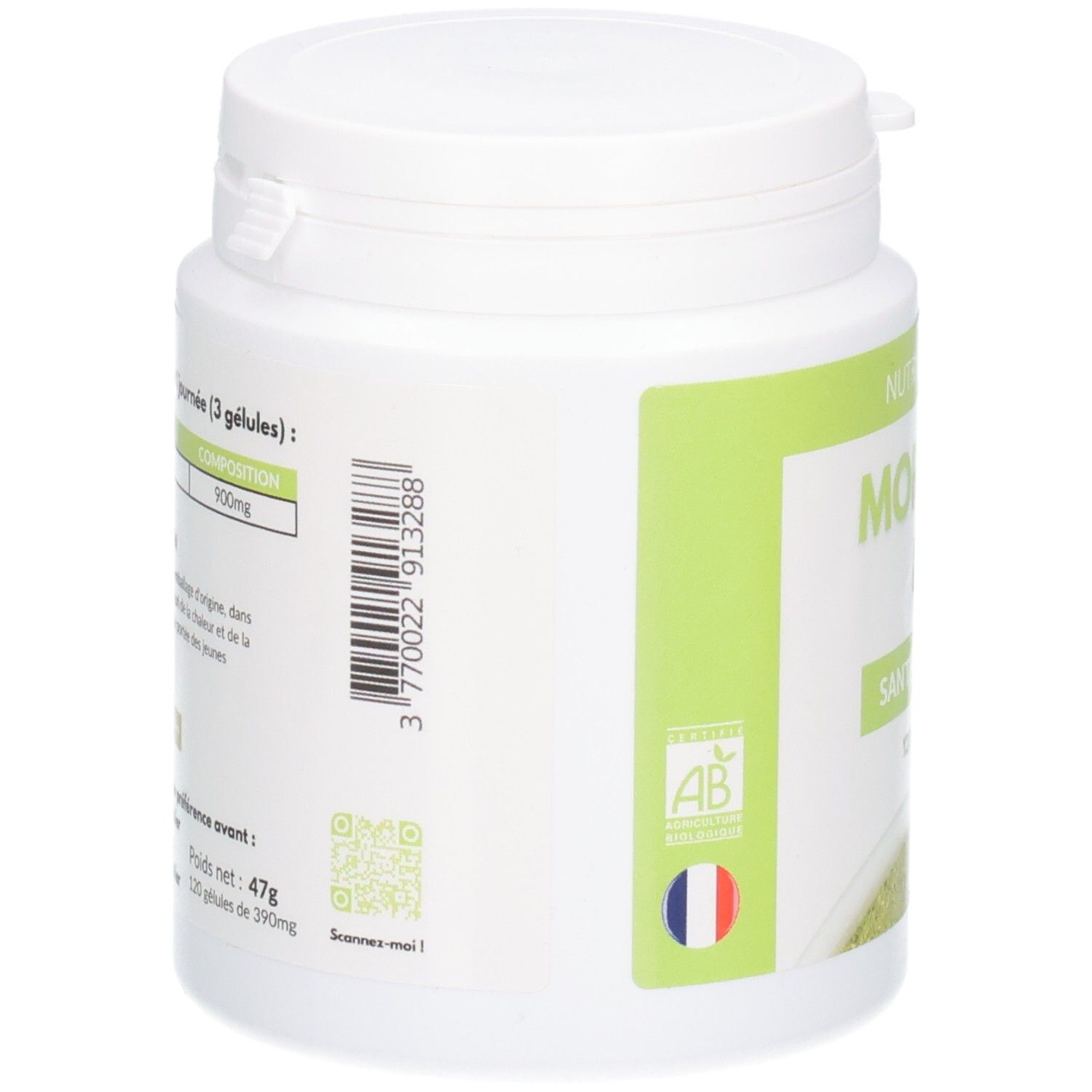 Arrière d'un pot de gélules MORINGA BIO. Affiche code-barres, QR-code et informations produit.
