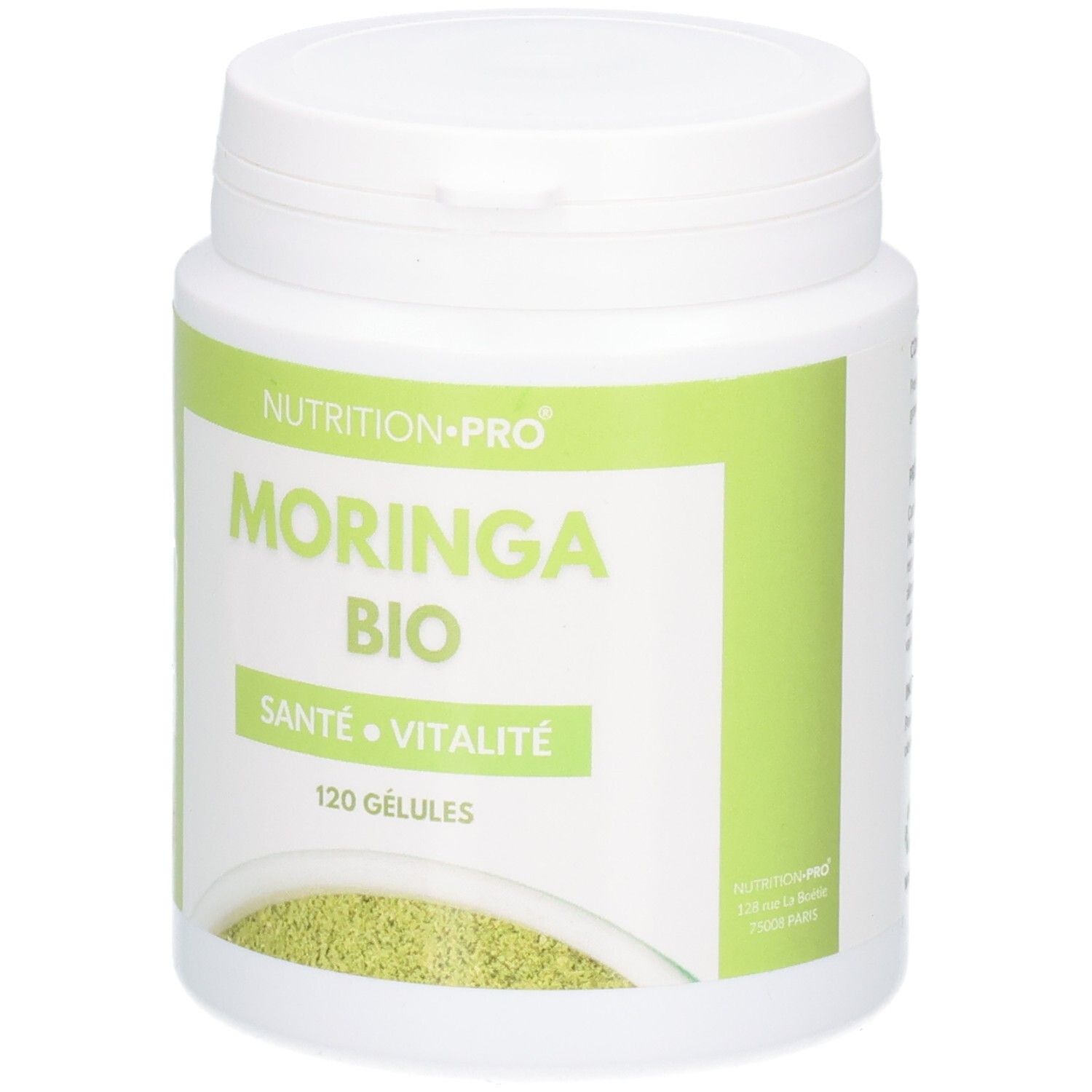 Pot blanc de gélules MORINGA BIO, 120 unités. Avec label AB et drapeau français.