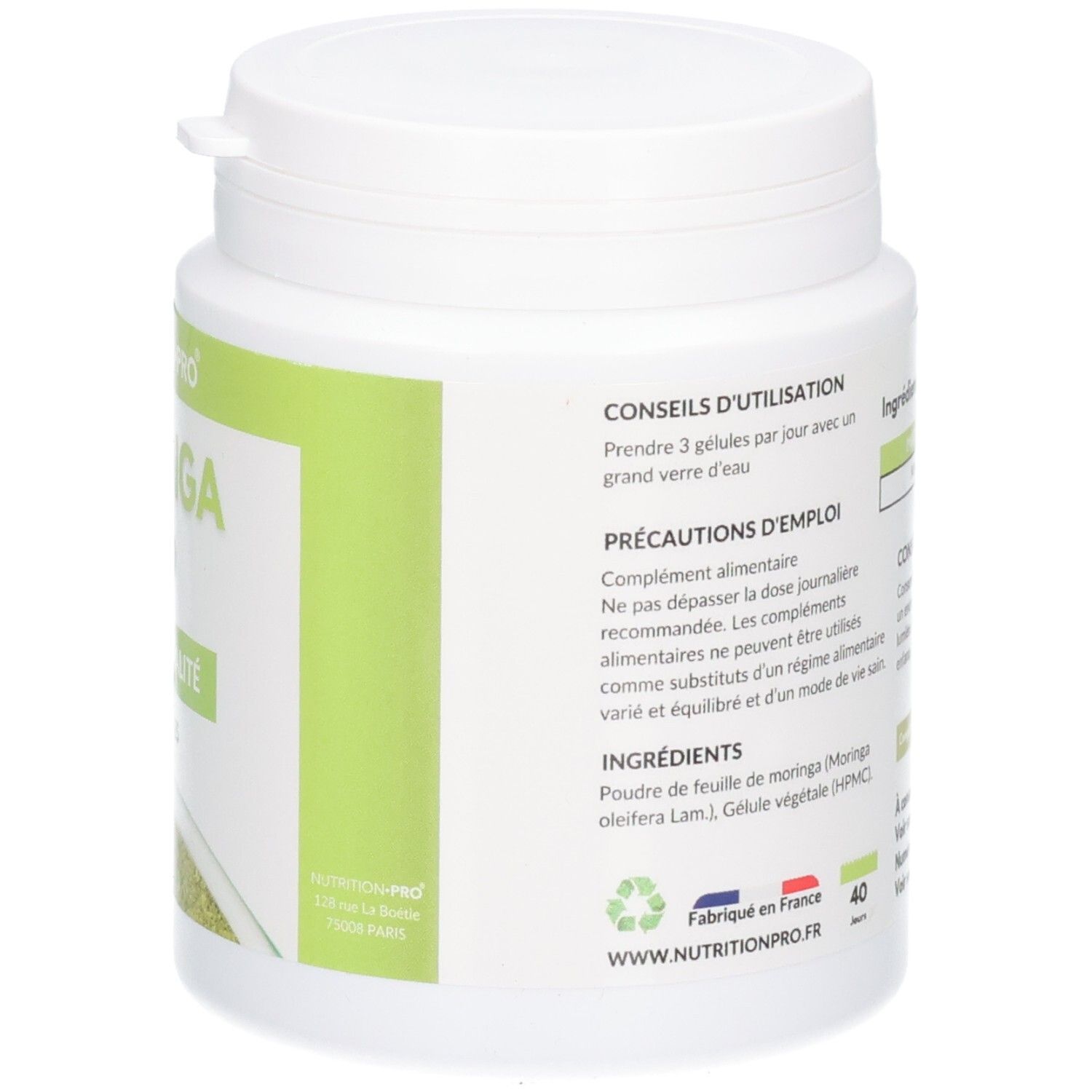 Côté d'un pot de gélules MORINGA BIO. Affiche conseils d'utilisation, ingrédients et origine.