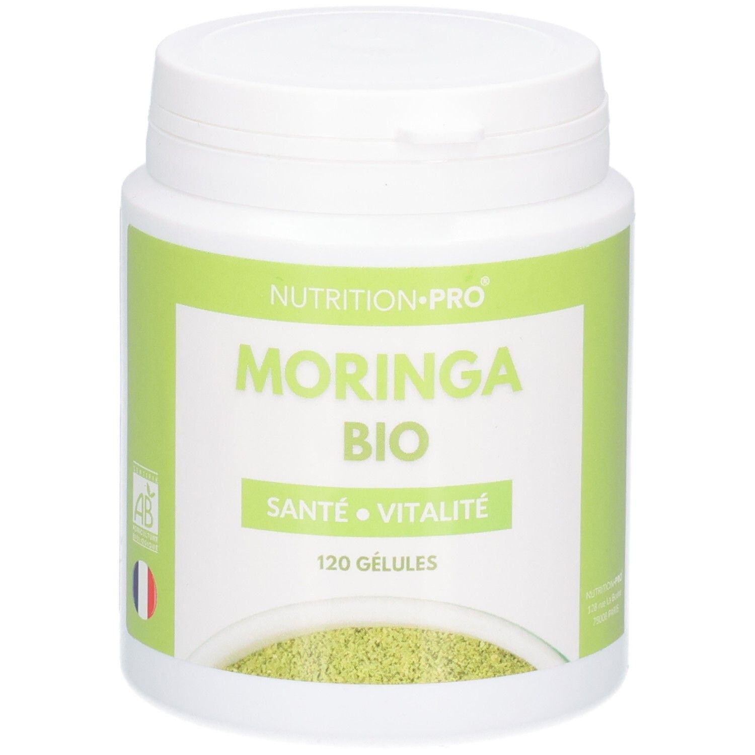 Pot blanc de gélules MORINGA BIO, 120 unités. Avec label AB et drapeau français.