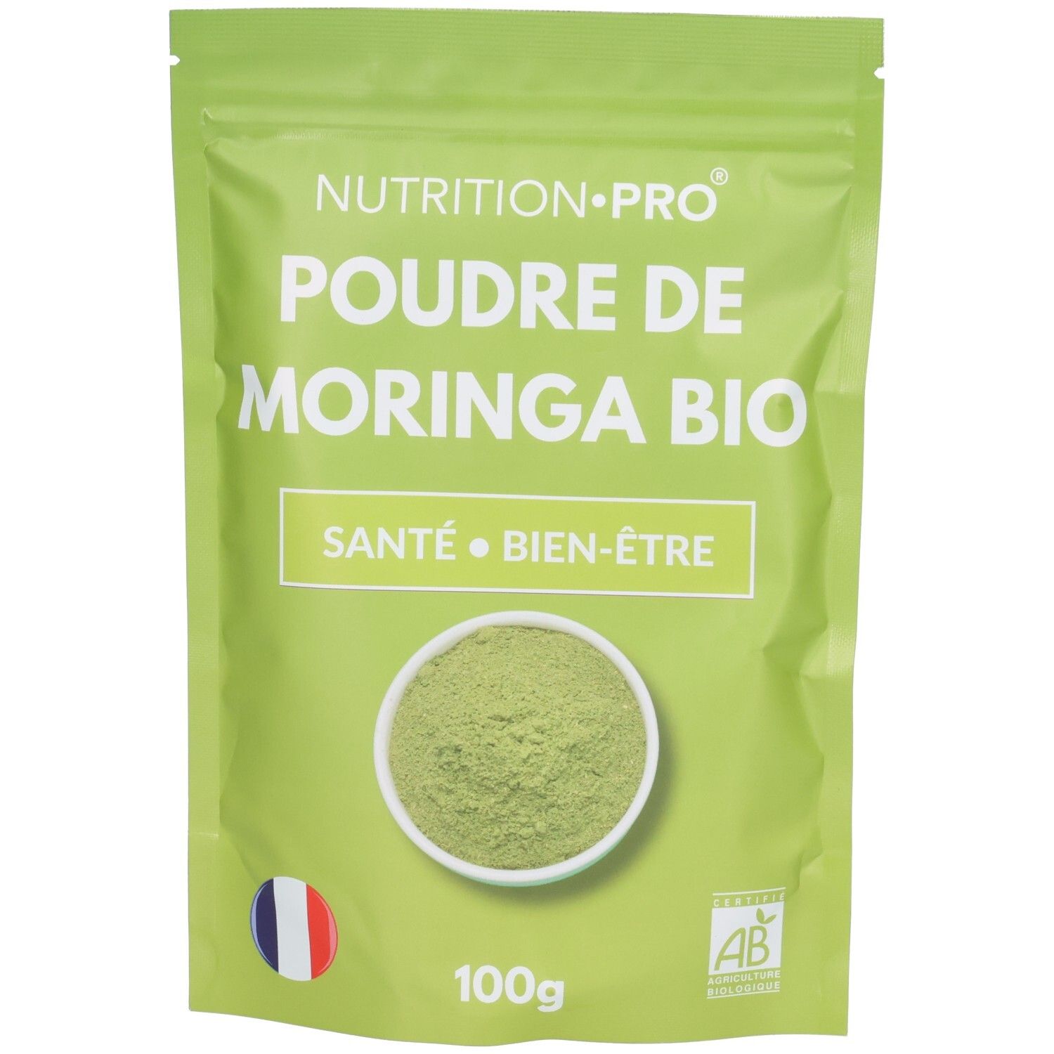 Sachet vert de poudre de Moringa Bio, inscription Santé • Bien-être, bol de poudre, drapeau français, label AB, 100g.